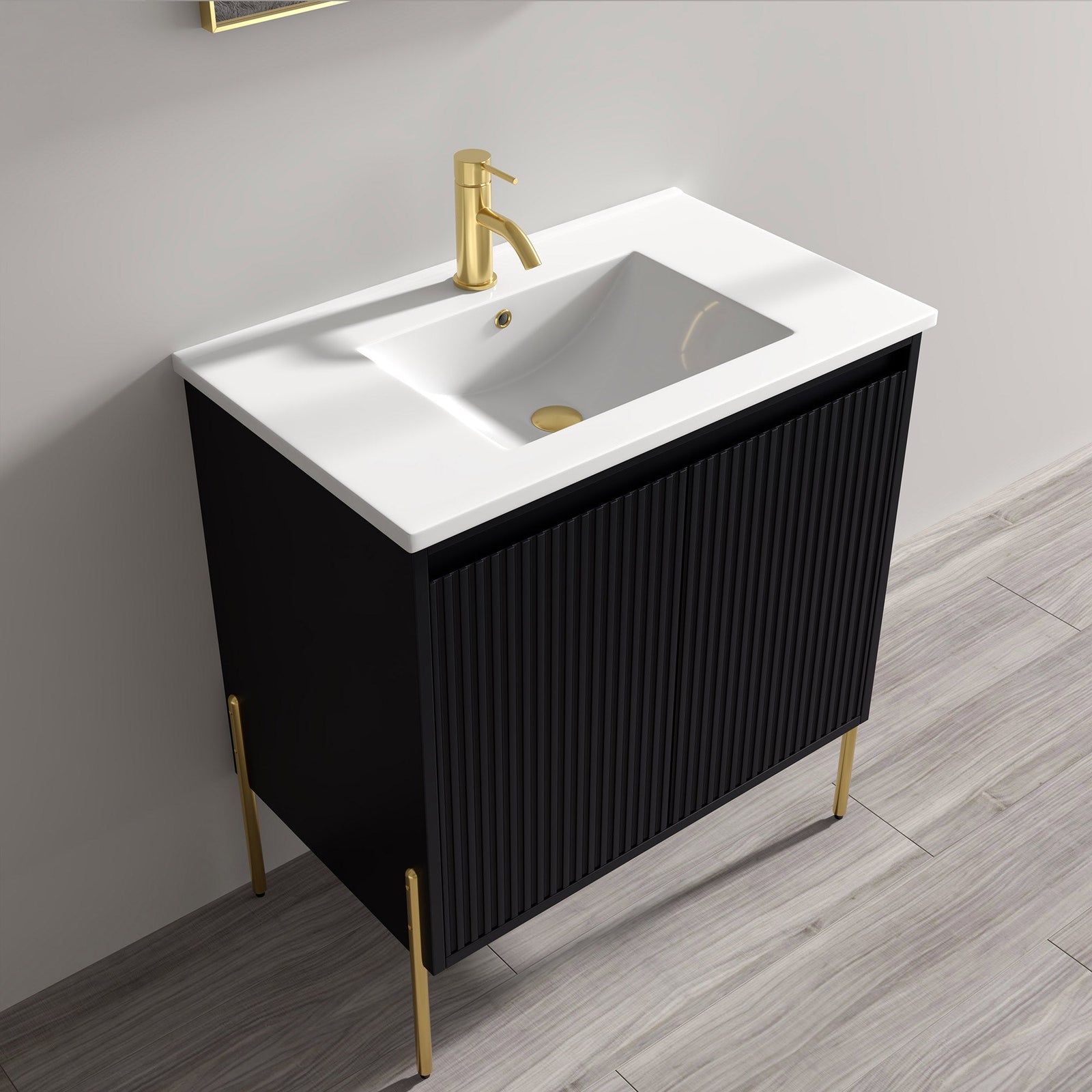 Dowell 30¡°(Fluted Bathroom Vanity Set ¡°(Pre-Assembled Cabinet Base with 2 Soft-Close Doors, Shelves & Ceramic/Resin Single Basin, Black/Golden Legs - 002 30 Series