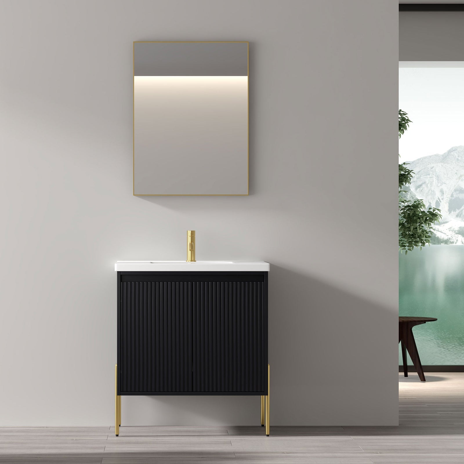 Dowell 30¡°(Fluted Bathroom Vanity Set ¡°(Pre-Assembled Cabinet Base with 2 Soft-Close Doors, Shelves & Ceramic/Resin Single Basin, Black/Golden Legs - 002 30 Series