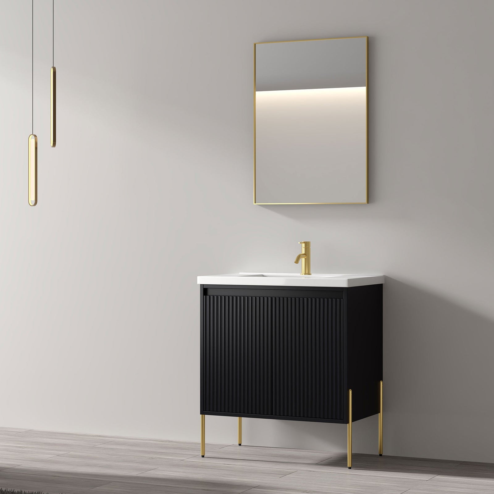 Dowell 30¡°(Fluted Bathroom Vanity Set ¡°(Pre-Assembled Cabinet Base with 2 Soft-Close Doors, Shelves & Ceramic/Resin Single Basin, Black/Golden Legs - 002 30 Series