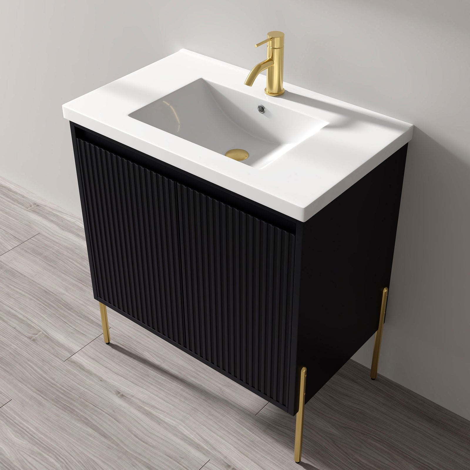 Dowell 30¡°(Fluted Bathroom Vanity Set ¡°(Pre-Assembled Cabinet Base with 2 Soft-Close Doors, Shelves & Ceramic/Resin Single Basin, Black/Golden Legs - 002 30 Series
