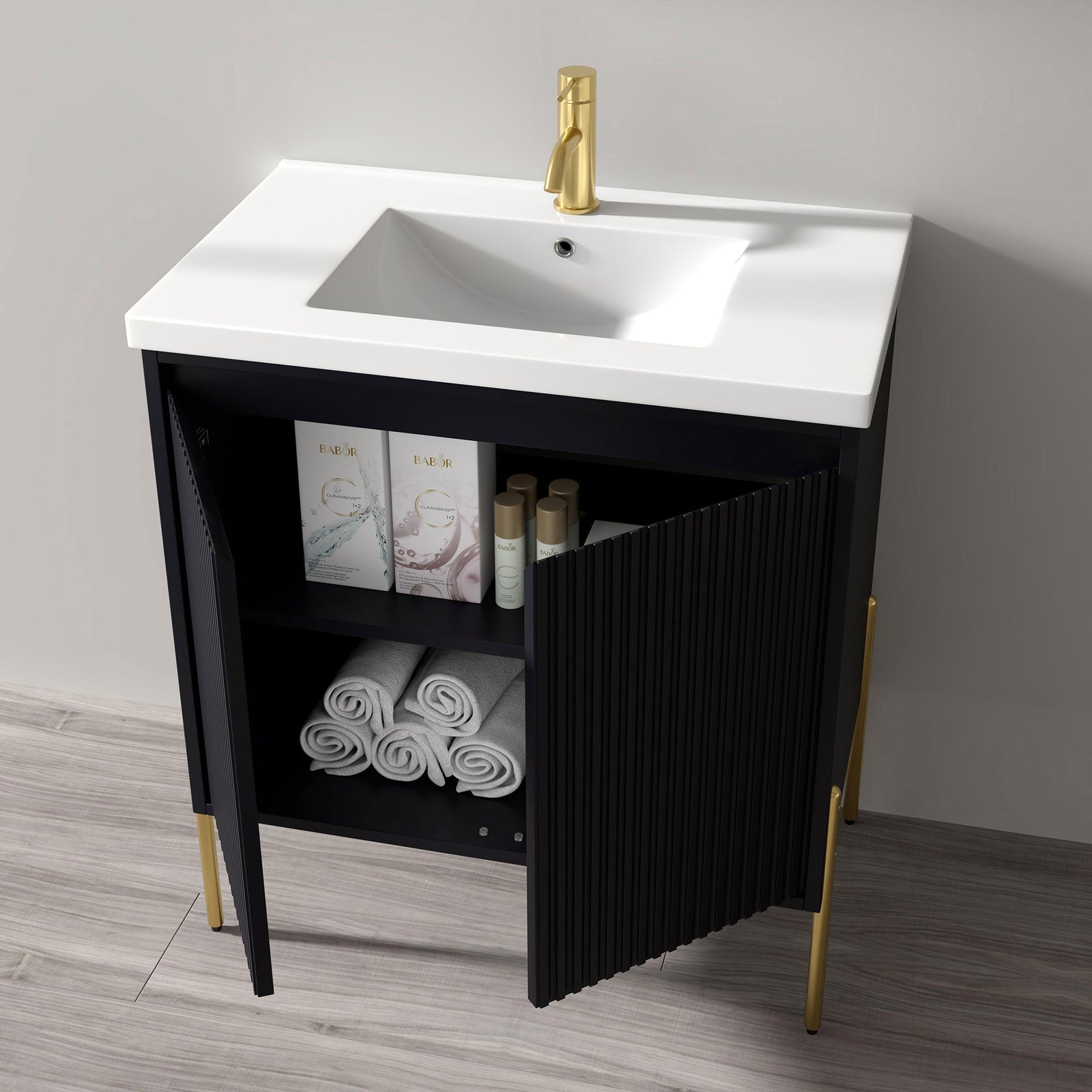 Dowell 30¡°(Fluted Bathroom Vanity Set ¡°(Pre-Assembled Cabinet Base with 2 Soft-Close Doors, Shelves & Ceramic/Resin Single Basin, Black/Golden Legs - 002 30 Series