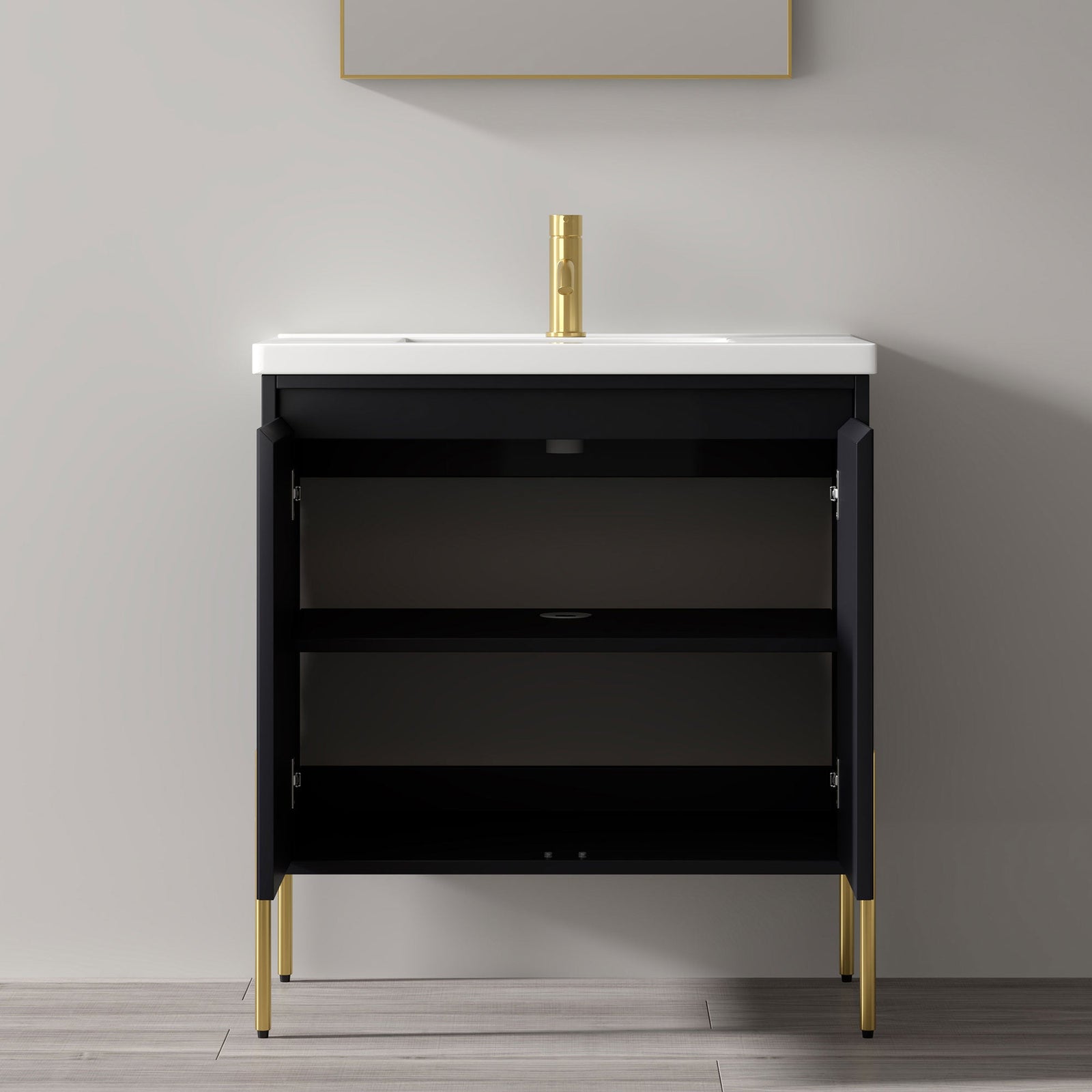 Dowell 30¡°(Fluted Bathroom Vanity Set ¡°(Pre-Assembled Cabinet Base with 2 Soft-Close Doors, Shelves & Ceramic/Resin Single Basin, Black/Golden Legs - 002 30 Series