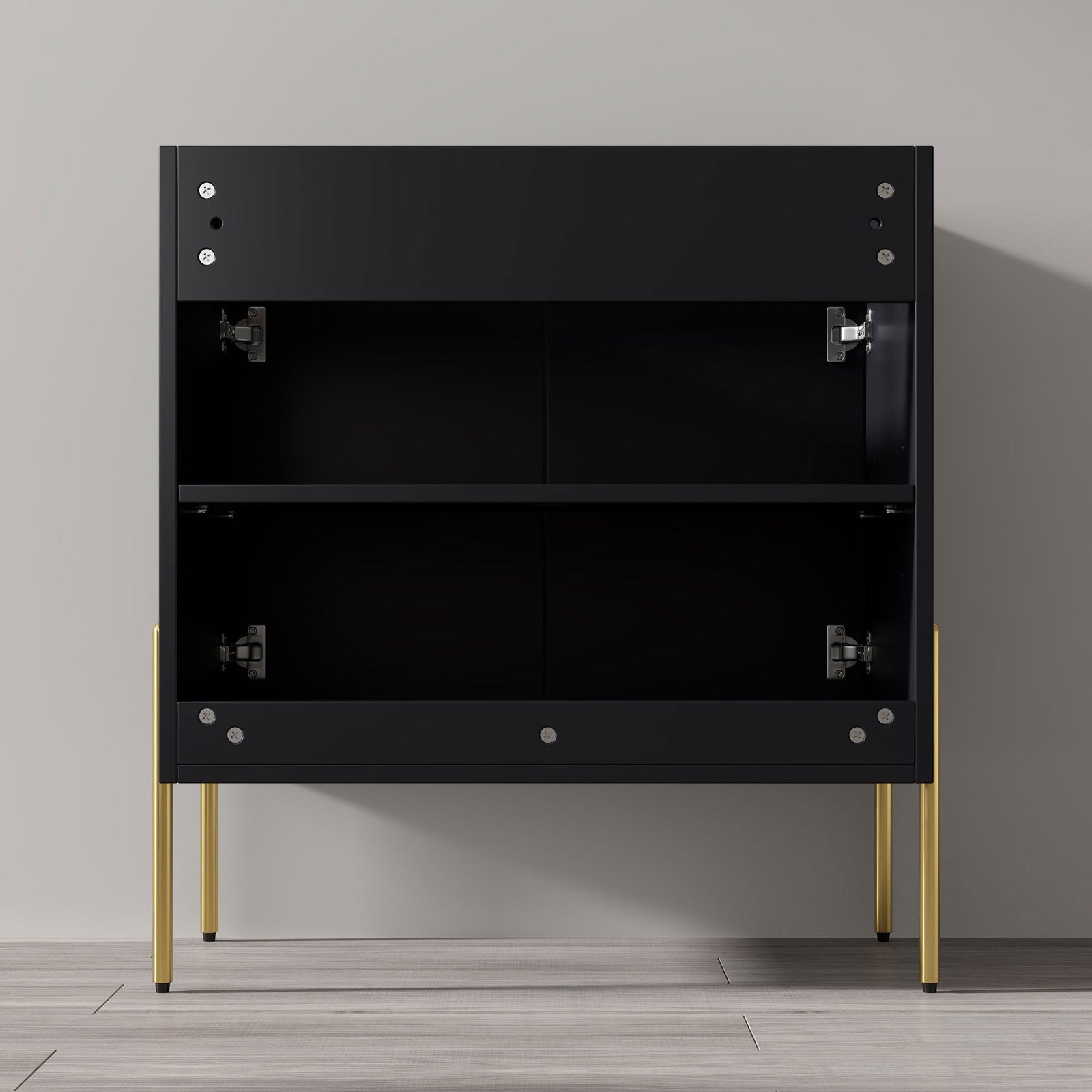 Dowell 30¡°(Fluted Bathroom Vanity Set ¡°(Pre-Assembled Cabinet Base with 2 Soft-Close Doors, Shelves & Ceramic/Resin Single Basin, Black/Golden Legs - 002 30 Series