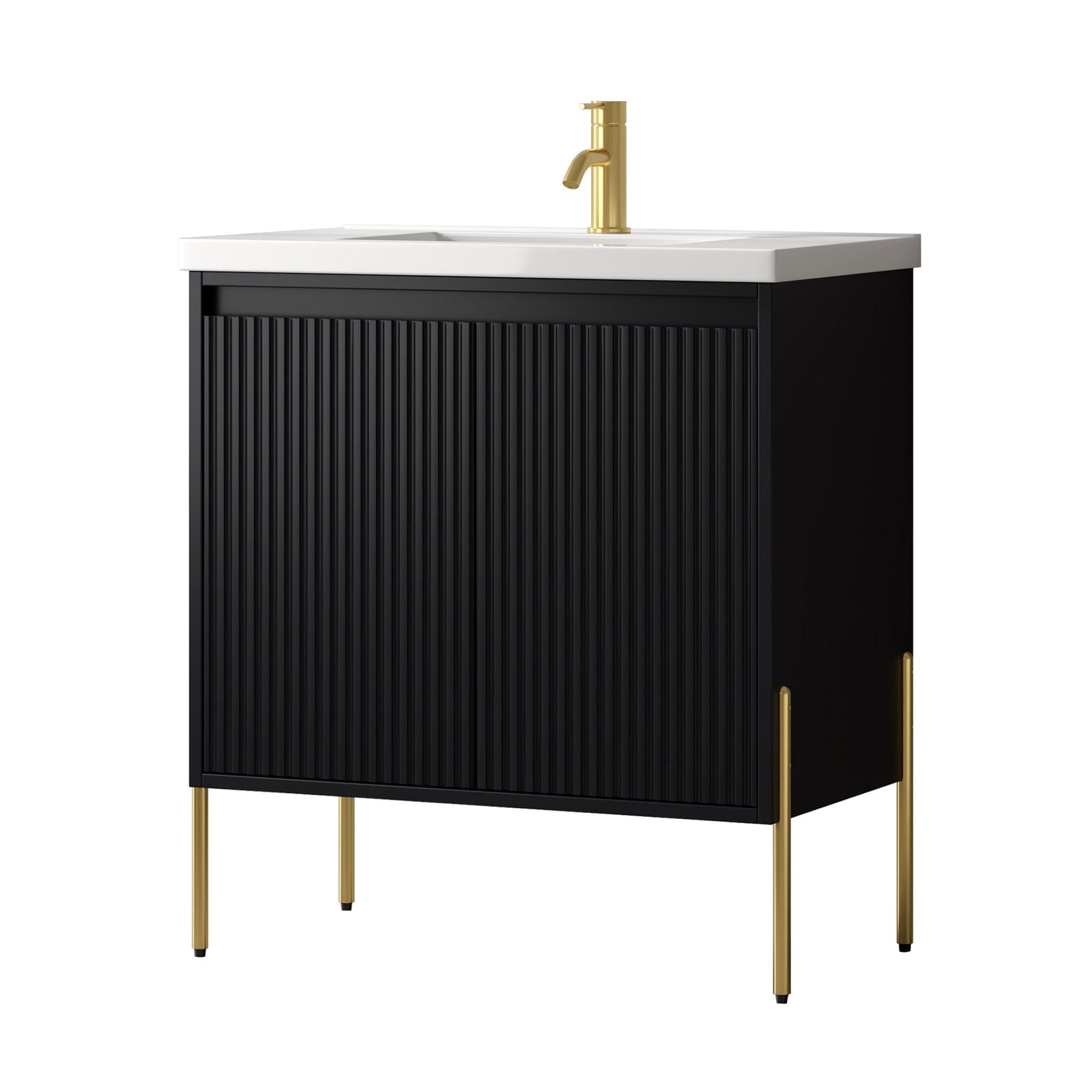 Dowell 30¡°(Fluted Bathroom Vanity Set ¡°(Pre-Assembled Cabinet Base with 2 Soft-Close Doors, Shelves & Ceramic/Resin Single Basin, Black/Golden Legs - 002 30 Series