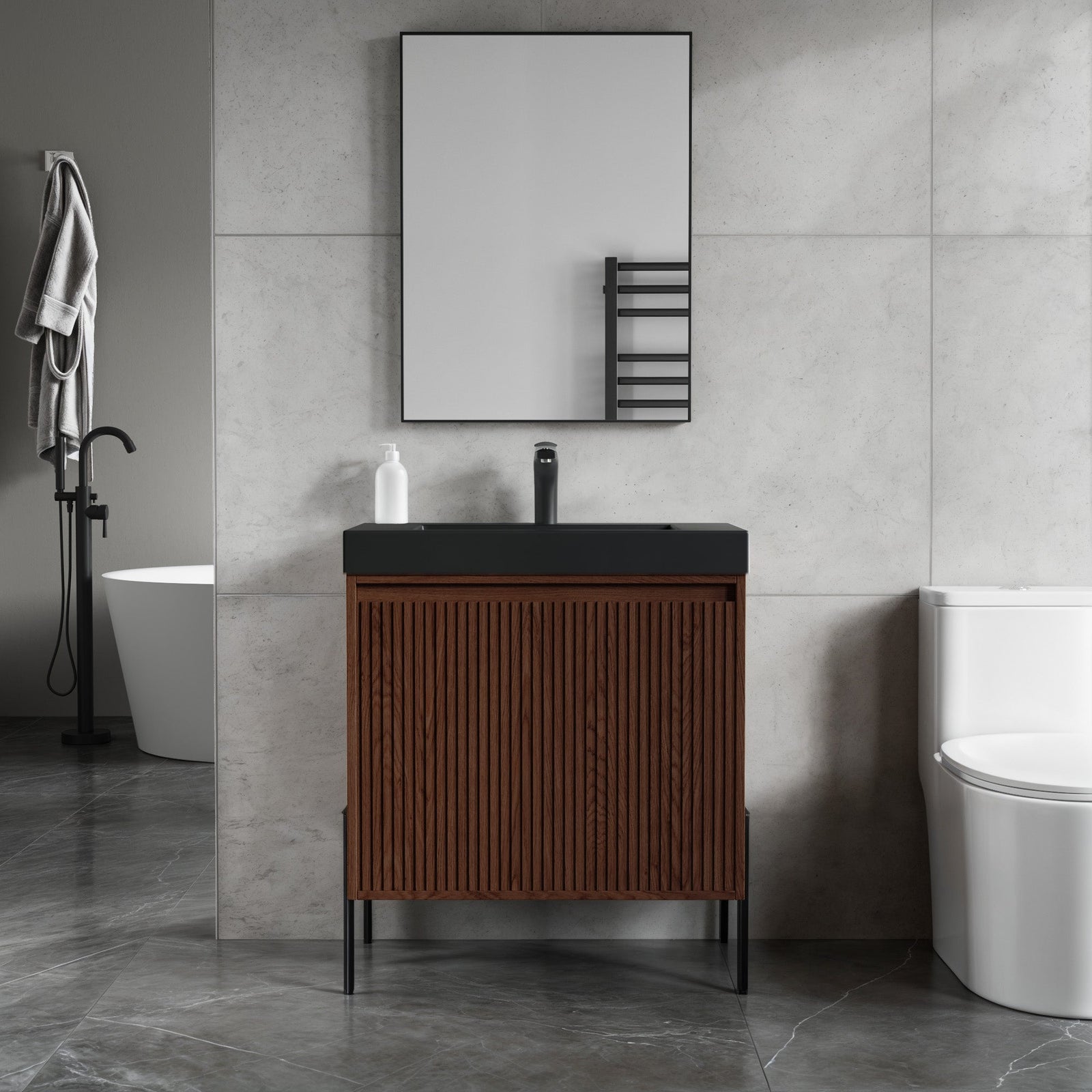 Dowell 30¡°(Fluted Bathroom Vanity Set ¡°(Pre-Assembled Cabinet Base with 2 Soft-Close Doors, Shelves & Ceramic/Resin Single Basin, Black/Golden Legs - 002 30 Series