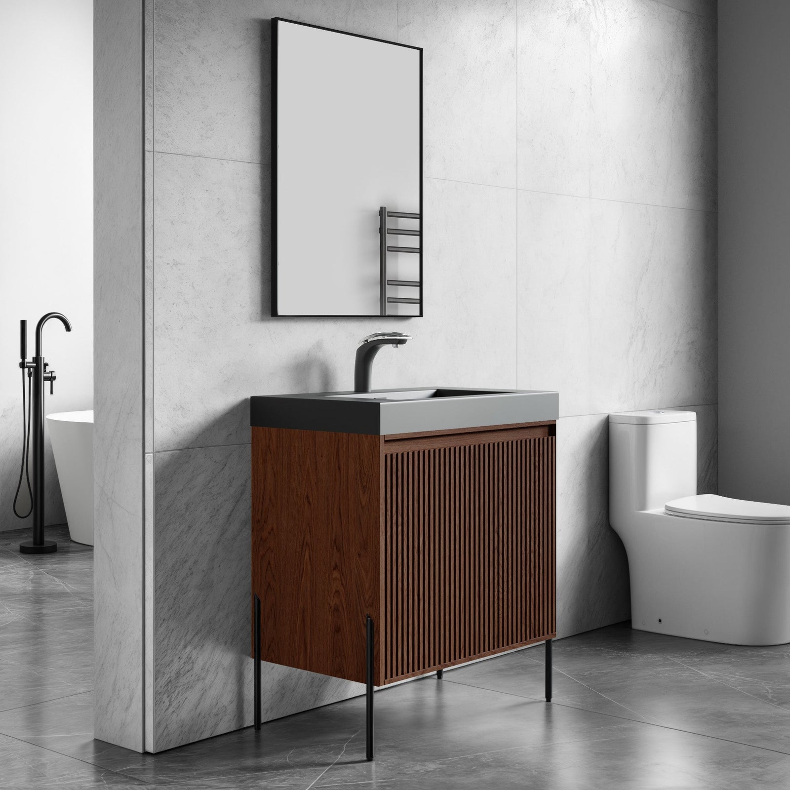 Dowell 30¡°(Fluted Bathroom Vanity Set ¡°(Pre-Assembled Cabinet Base with 2 Soft-Close Doors, Shelves & Ceramic/Resin Single Basin, Black/Golden Legs - 002 30 Series
