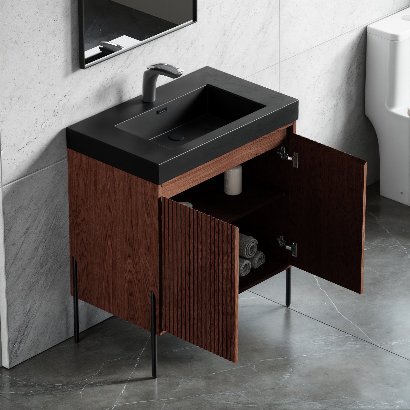 Dowell 30¡°(Fluted Bathroom Vanity Set ¡°(Pre-Assembled Cabinet Base with 2 Soft-Close Doors, Shelves & Ceramic/Resin Single Basin, Black/Golden Legs - 002 30 Series