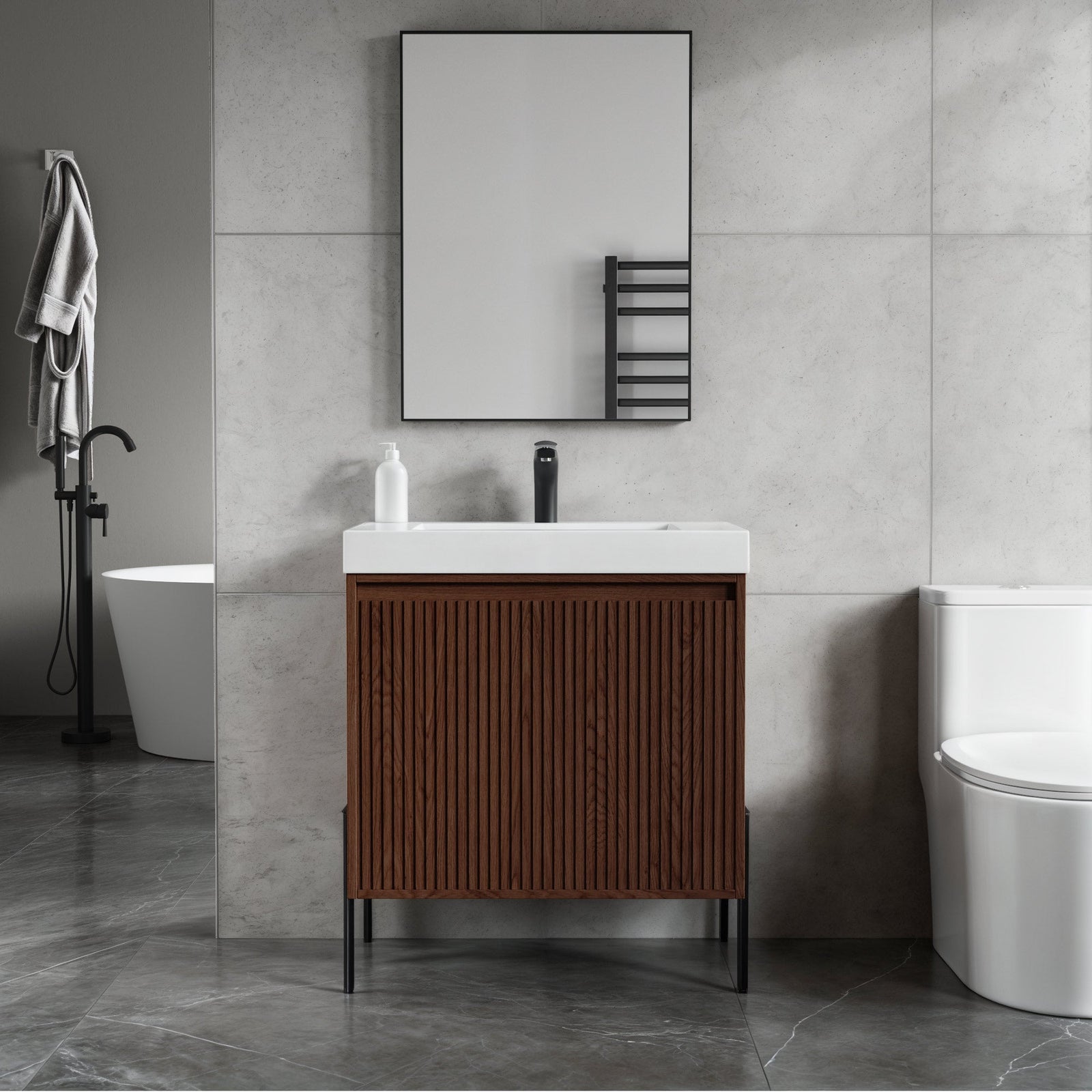 Dowell 30¡°(Fluted Bathroom Vanity Set ¡°(Pre-Assembled Cabinet Base with 2 Soft-Close Doors, Shelves & Ceramic/Resin Single Basin, Black/Golden Legs - 002 30 Series