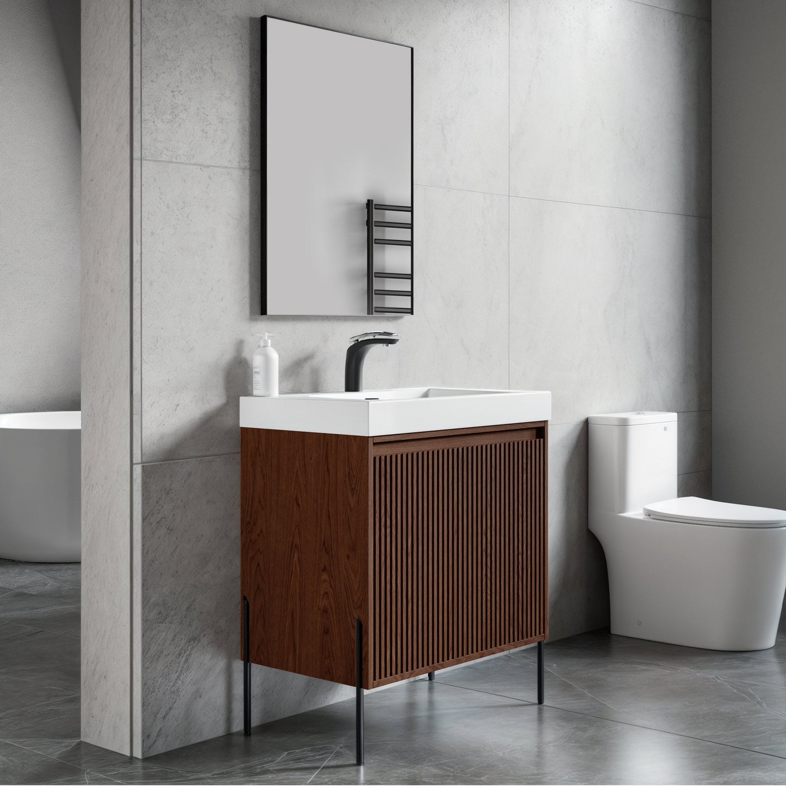 Dowell 30¡°(Fluted Bathroom Vanity Set ¡°(Pre-Assembled Cabinet Base with 2 Soft-Close Doors, Shelves & Ceramic/Resin Single Basin, Black/Golden Legs - 002 30 Series