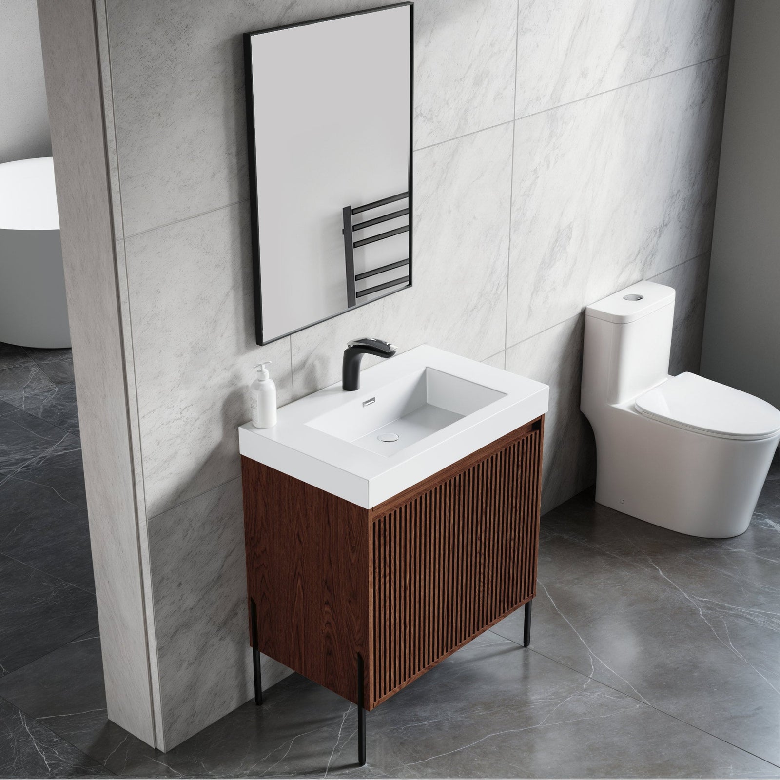 Dowell 30¡°(Fluted Bathroom Vanity Set ¡°(Pre-Assembled Cabinet Base with 2 Soft-Close Doors, Shelves & Ceramic/Resin Single Basin, Black/Golden Legs - 002 30 Series