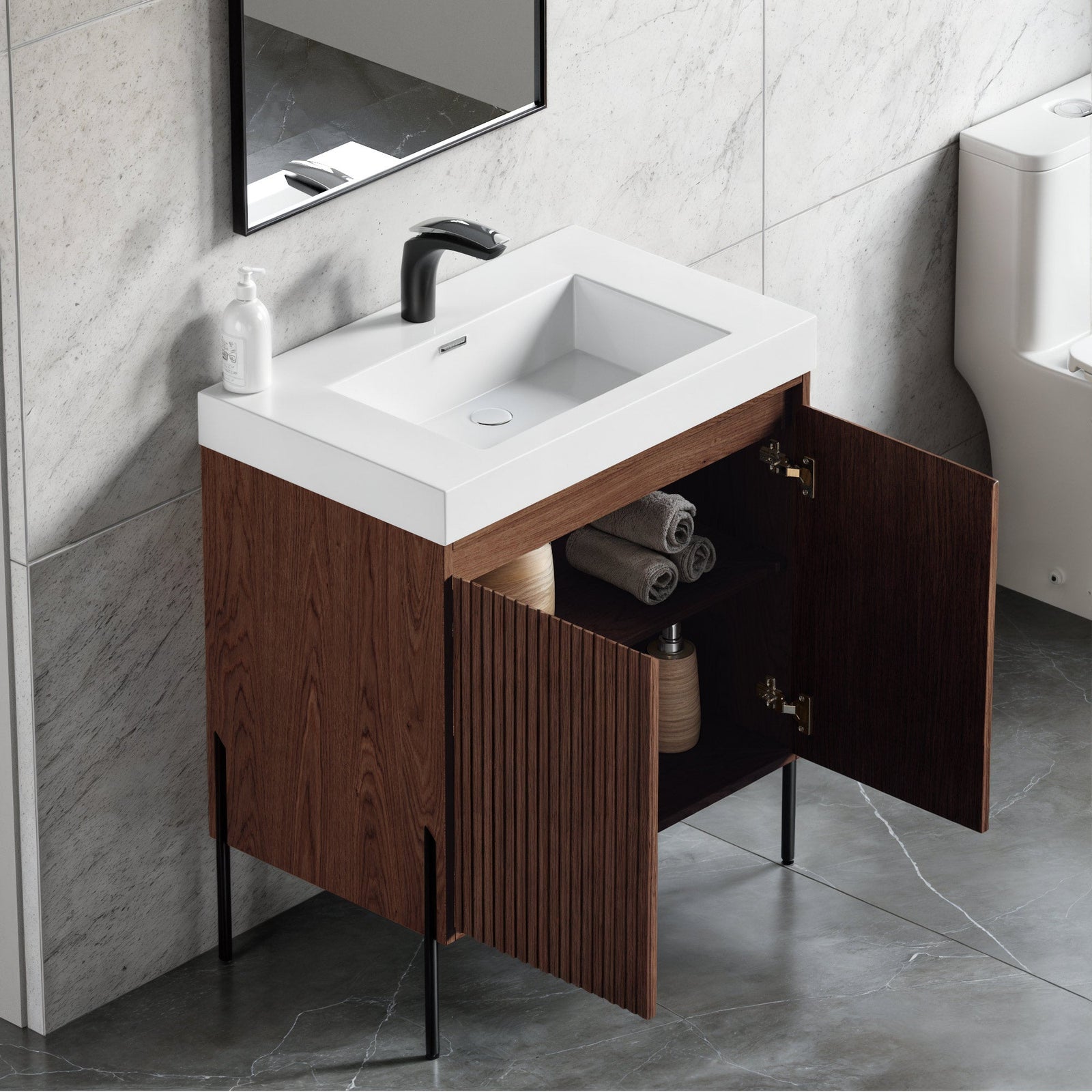 Dowell 30¡°(Fluted Bathroom Vanity Set ¡°(Pre-Assembled Cabinet Base with 2 Soft-Close Doors, Shelves & Ceramic/Resin Single Basin, Black/Golden Legs - 002 30 Series