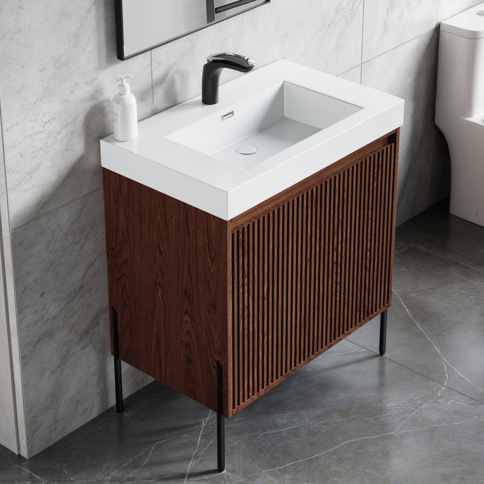 Dowell 30¡°(Fluted Bathroom Vanity Set ¡°(Pre-Assembled Cabinet Base with 2 Soft-Close Doors, Shelves & Ceramic/Resin Single Basin, Black/Golden Legs - 002 30 Series