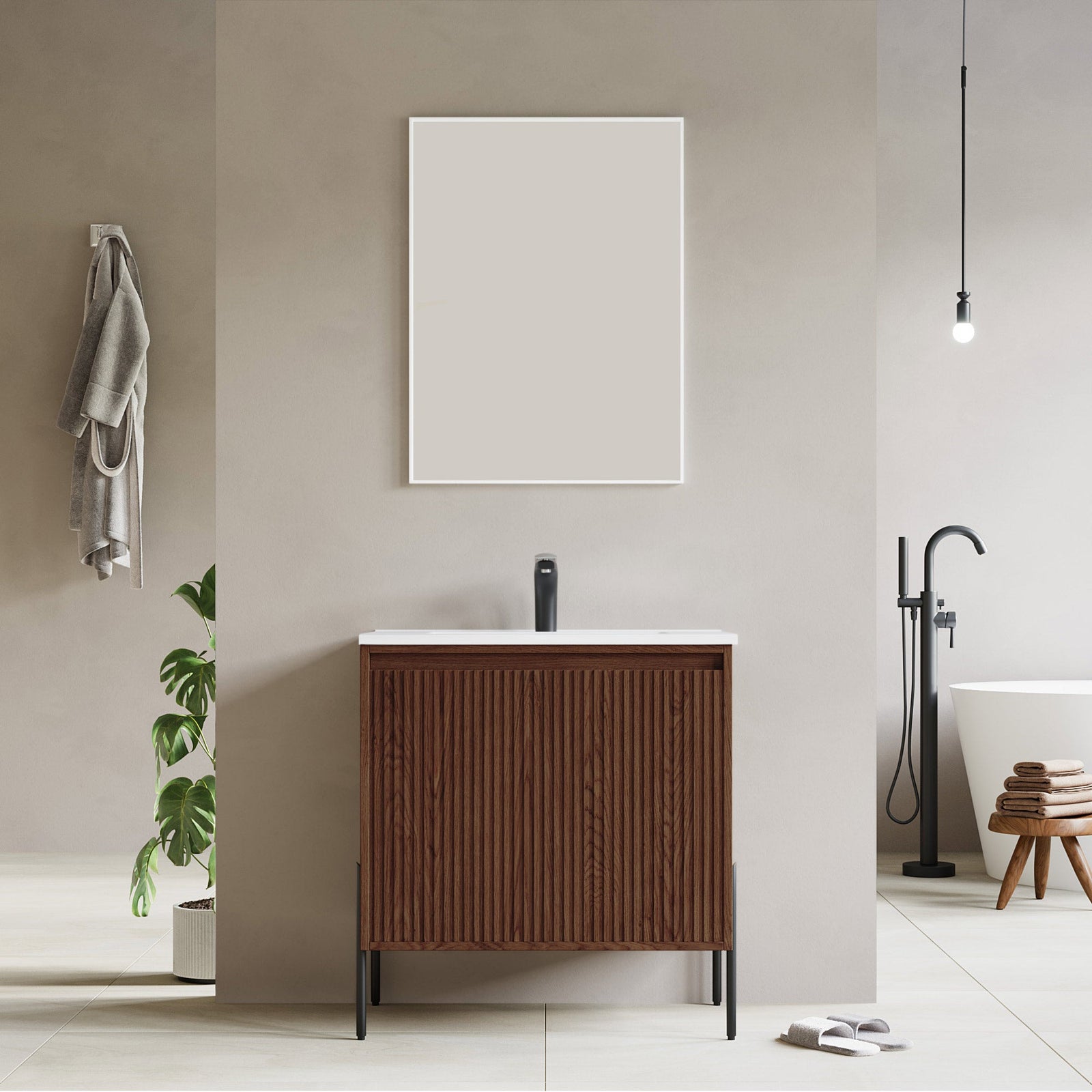 Dowell 30¡°(Fluted Bathroom Vanity Set ¡°(Pre-Assembled Cabinet Base with 2 Soft-Close Doors, Shelves & Ceramic/Resin Single Basin, Black/Golden Legs - 002 30 Series