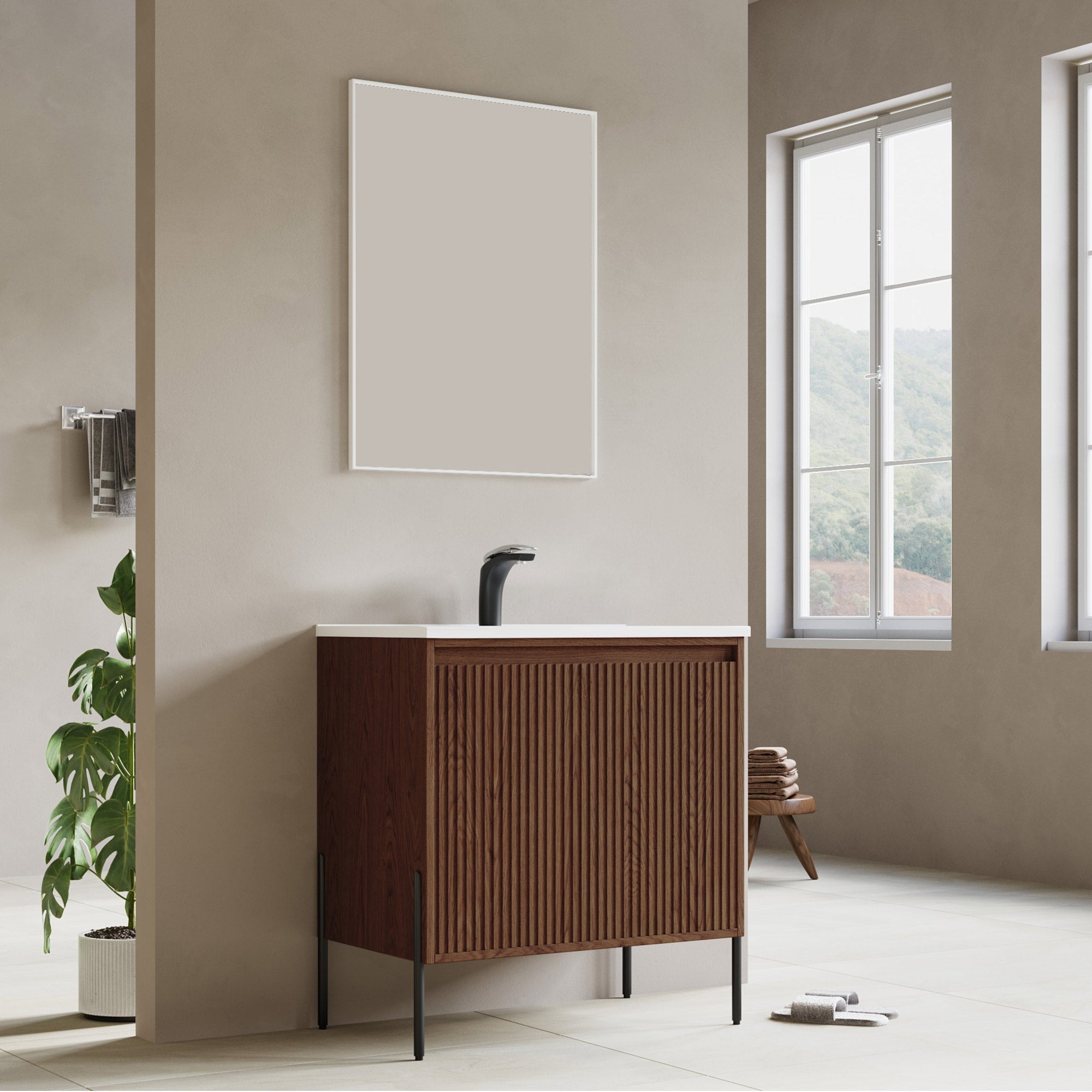 Dowell 30¡°(Fluted Bathroom Vanity Set ¡°(Pre-Assembled Cabinet Base with 2 Soft-Close Doors, Shelves & Ceramic/Resin Single Basin, Black/Golden Legs - 002 30 Series