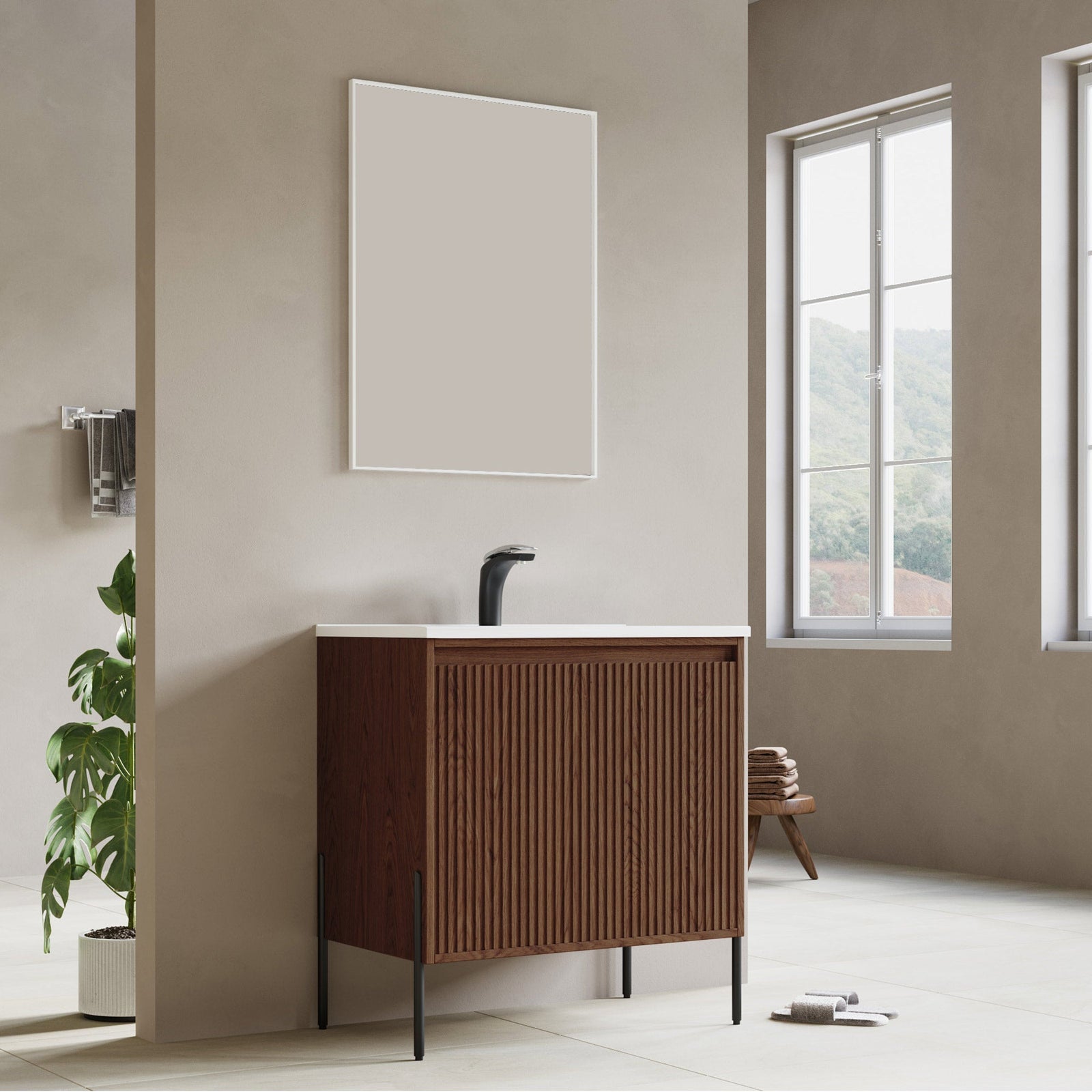 Dowell 30¡°(Fluted Bathroom Vanity Set ¡°(Pre-Assembled Cabinet Base with 2 Soft-Close Doors, Shelves & Ceramic/Resin Single Basin, Black/Golden Legs - 002 30 Series