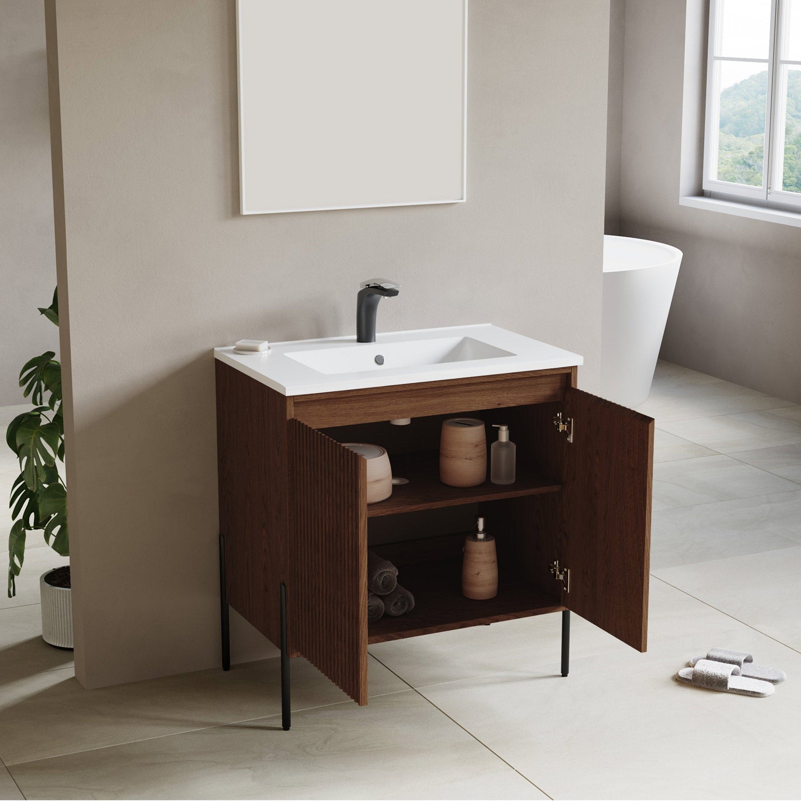 Dowell 30¡°(Fluted Bathroom Vanity Set ¡°(Pre-Assembled Cabinet Base with 2 Soft-Close Doors, Shelves & Ceramic/Resin Single Basin, Black/Golden Legs - 002 30 Series