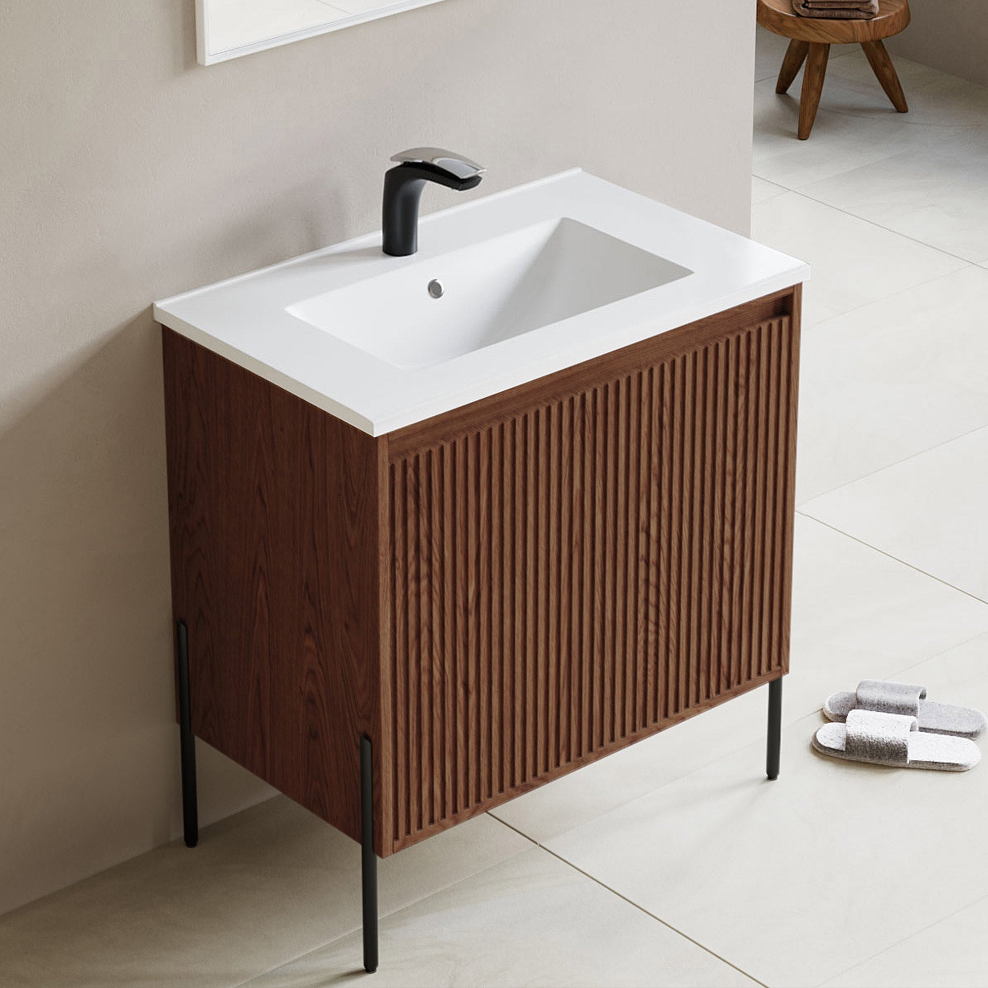Dowell 30¡°(Fluted Bathroom Vanity Set ¡°(Pre-Assembled Cabinet Base with 2 Soft-Close Doors, Shelves & Ceramic/Resin Single Basin, Black/Golden Legs - 002 30 Series