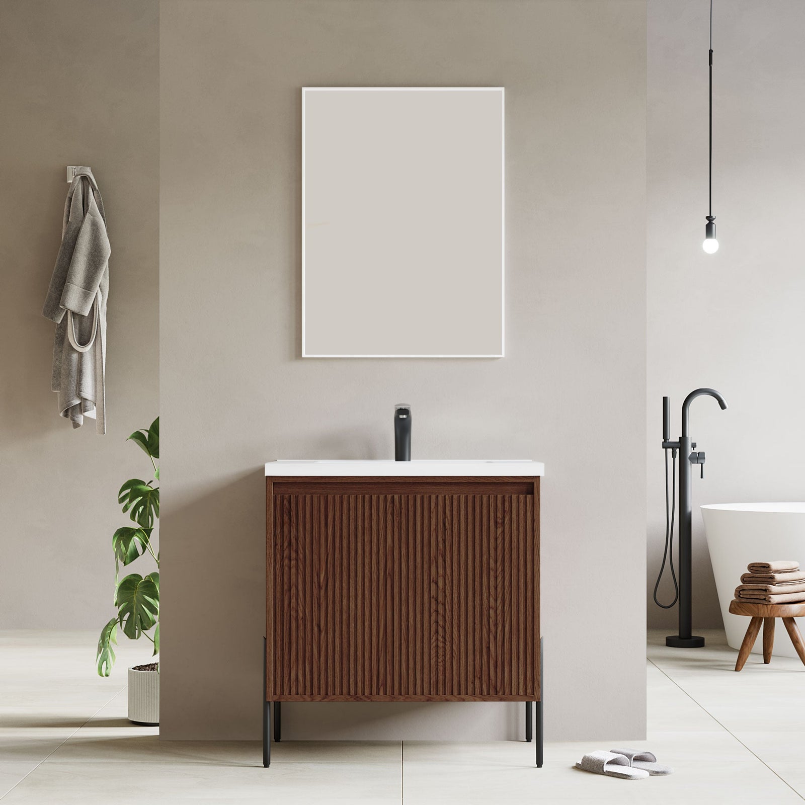 Dowell 30¡°(Fluted Bathroom Vanity Set ¡°(Pre-Assembled Cabinet Base with 2 Soft-Close Doors, Shelves & Ceramic/Resin Single Basin, Black/Golden Legs - 002 30 Series