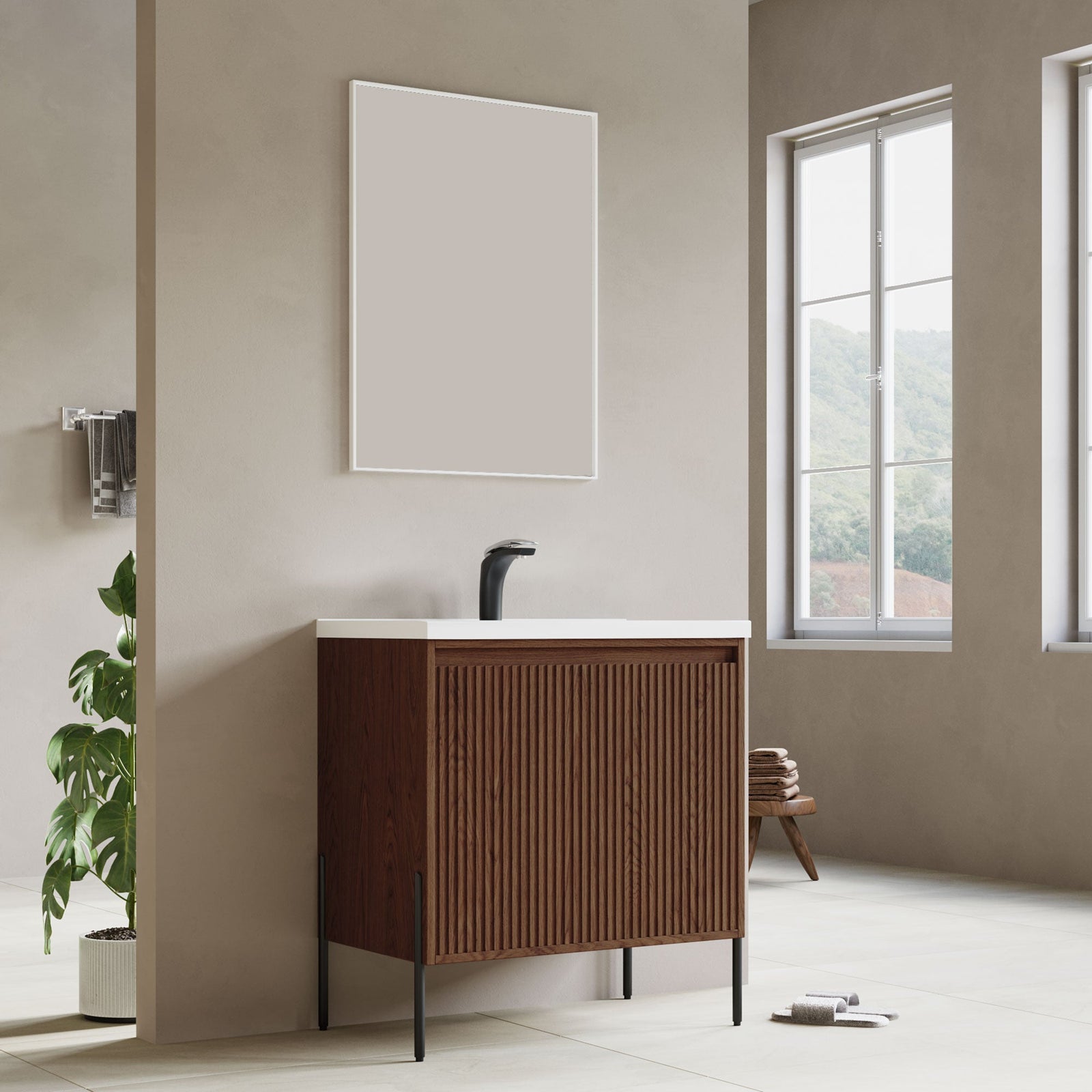 Dowell 30¡°(Fluted Bathroom Vanity Set ¡°(Pre-Assembled Cabinet Base with 2 Soft-Close Doors, Shelves & Ceramic/Resin Single Basin, Black/Golden Legs - 002 30 Series