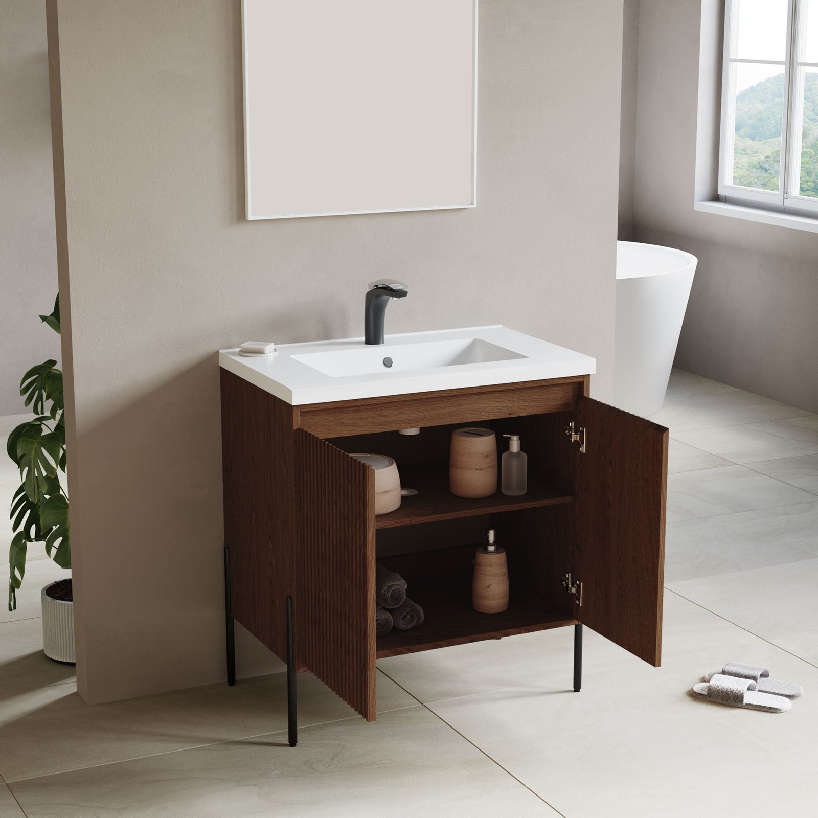Dowell 30¡°(Fluted Bathroom Vanity Set ¡°(Pre-Assembled Cabinet Base with 2 Soft-Close Doors, Shelves & Ceramic/Resin Single Basin, Black/Golden Legs - 002 30 Series