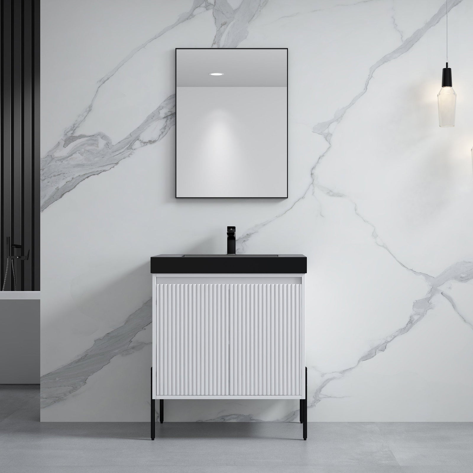 Dowell 30¡°(Fluted Bathroom Vanity Set ¡°(Pre-Assembled Cabinet Base with 2 Soft-Close Doors, Shelves & Ceramic/Resin Single Basin, Black/Golden Legs - 002 30 Series