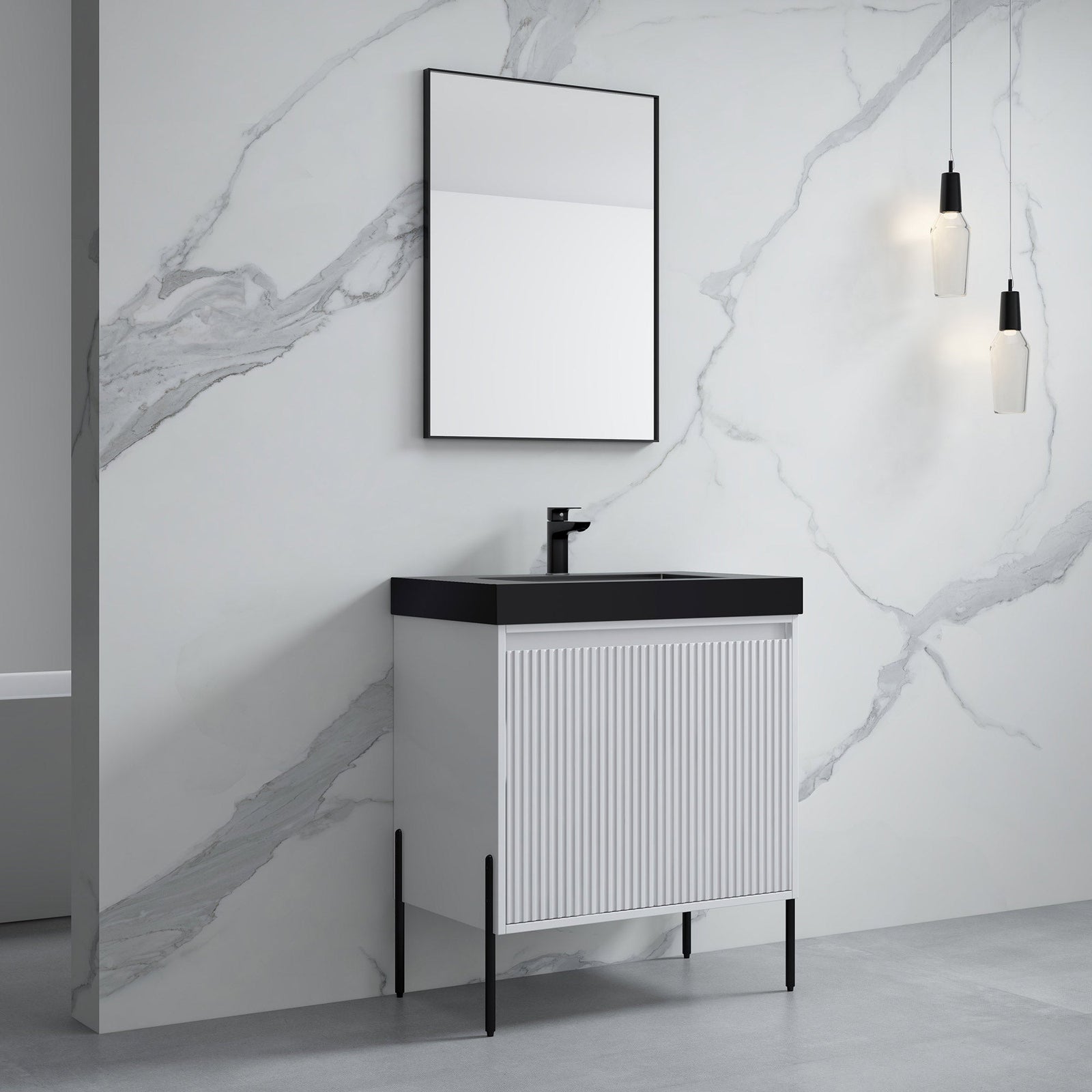 Dowell 30¡°(Fluted Bathroom Vanity Set ¡°(Pre-Assembled Cabinet Base with 2 Soft-Close Doors, Shelves & Ceramic/Resin Single Basin, Black/Golden Legs - 002 30 Series