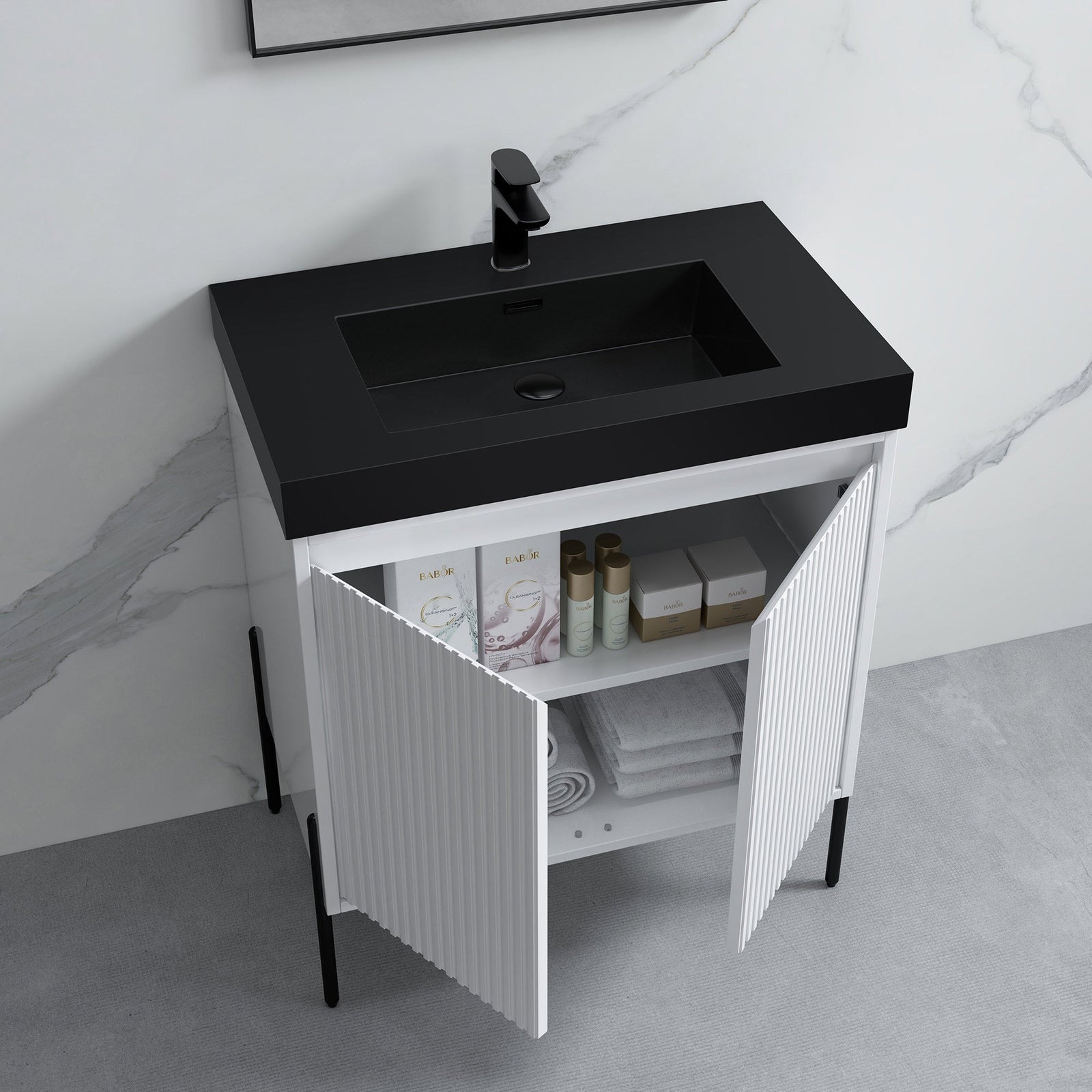 Dowell 30¡°(Fluted Bathroom Vanity Set ¡°(Pre-Assembled Cabinet Base with 2 Soft-Close Doors, Shelves & Ceramic/Resin Single Basin, Black/Golden Legs - 002 30 Series