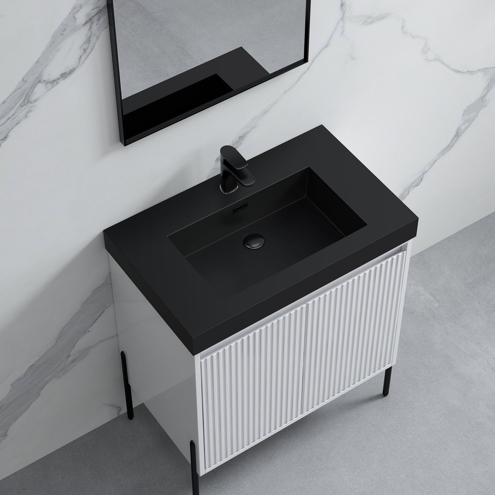 Dowell 30¡°(Fluted Bathroom Vanity Set ¡°(Pre-Assembled Cabinet Base with 2 Soft-Close Doors, Shelves & Ceramic/Resin Single Basin, Black/Golden Legs - 002 30 Series