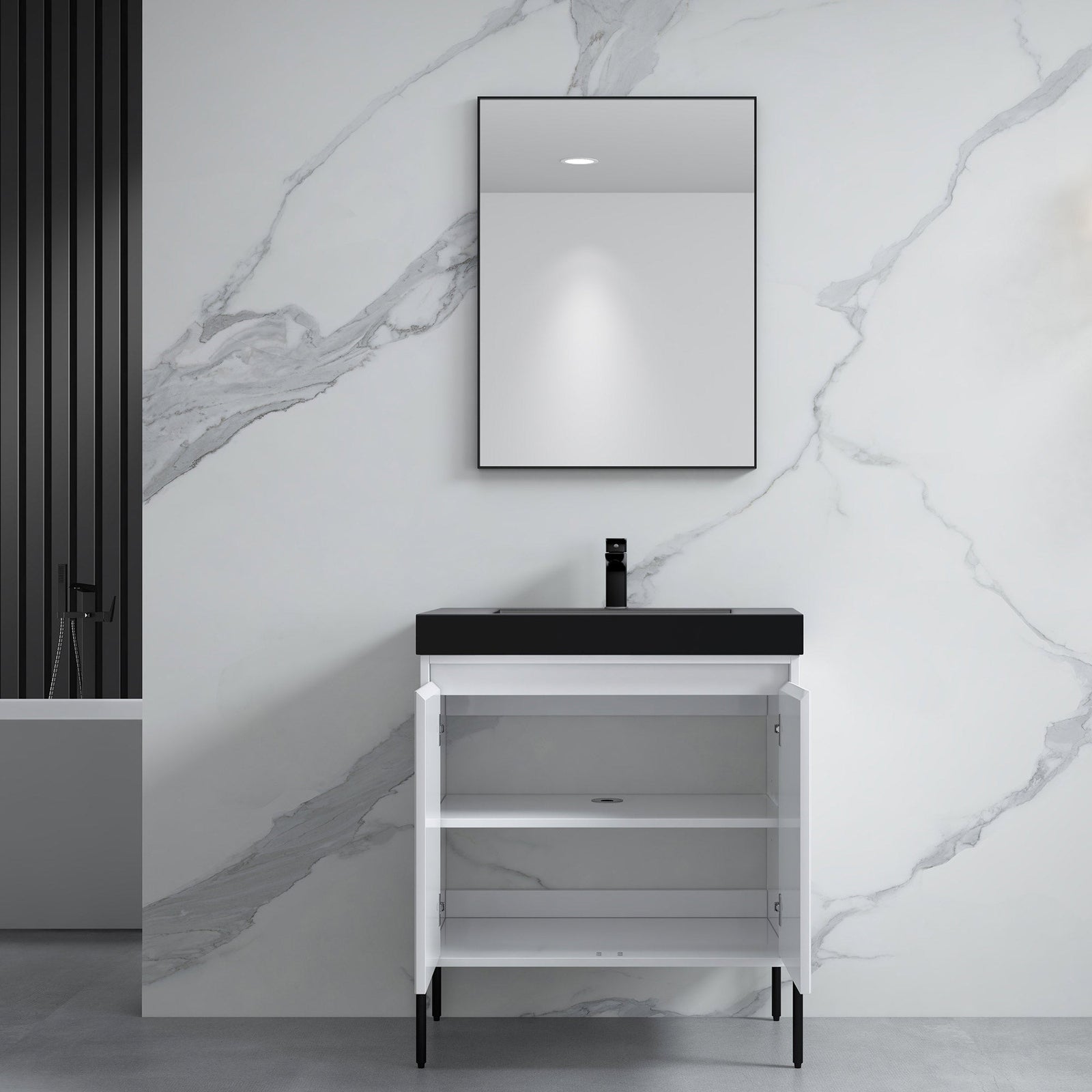 Dowell 30¡°(Fluted Bathroom Vanity Set ¡°(Pre-Assembled Cabinet Base with 2 Soft-Close Doors, Shelves & Ceramic/Resin Single Basin, Black/Golden Legs - 002 30 Series