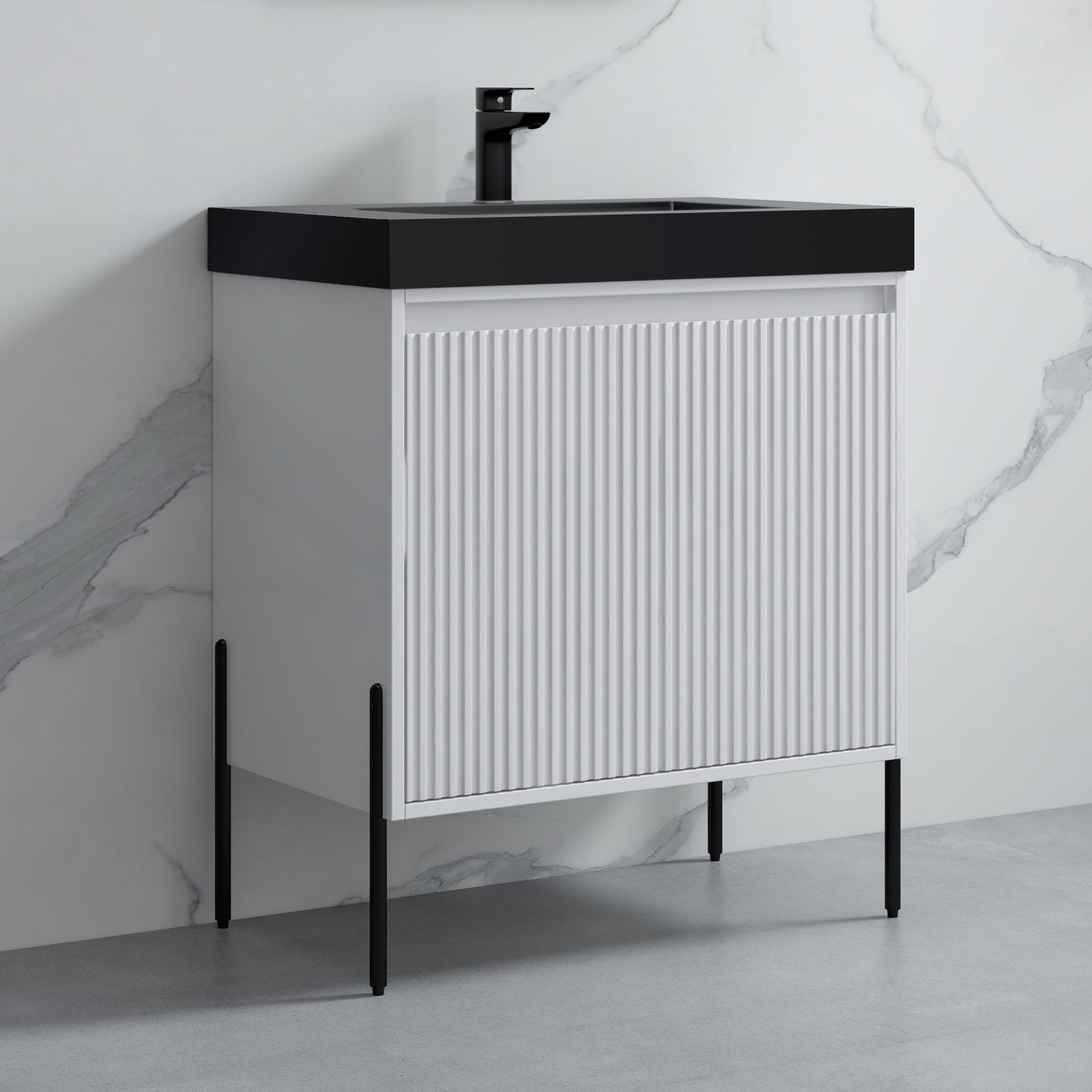 Dowell 30¡°(Fluted Bathroom Vanity Set ¡°(Pre-Assembled Cabinet Base with 2 Soft-Close Doors, Shelves & Ceramic/Resin Single Basin, Black/Golden Legs - 002 30 Series