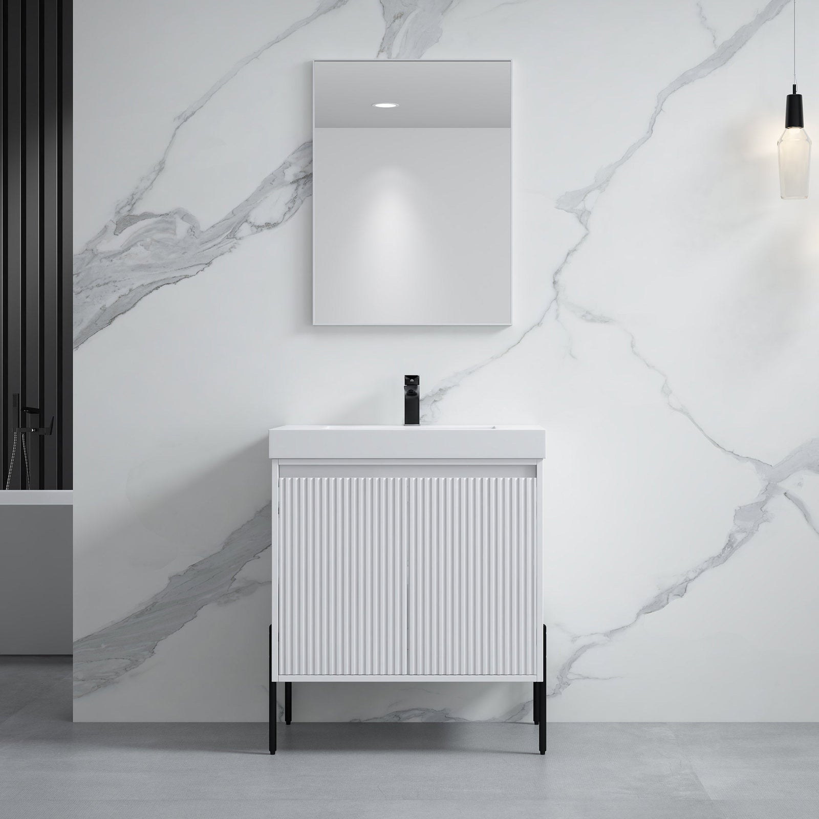 Dowell 30¡°(Fluted Bathroom Vanity Set ¡°(Pre-Assembled Cabinet Base with 2 Soft-Close Doors, Shelves & Ceramic/Resin Single Basin, Black/Golden Legs - 002 30 Series