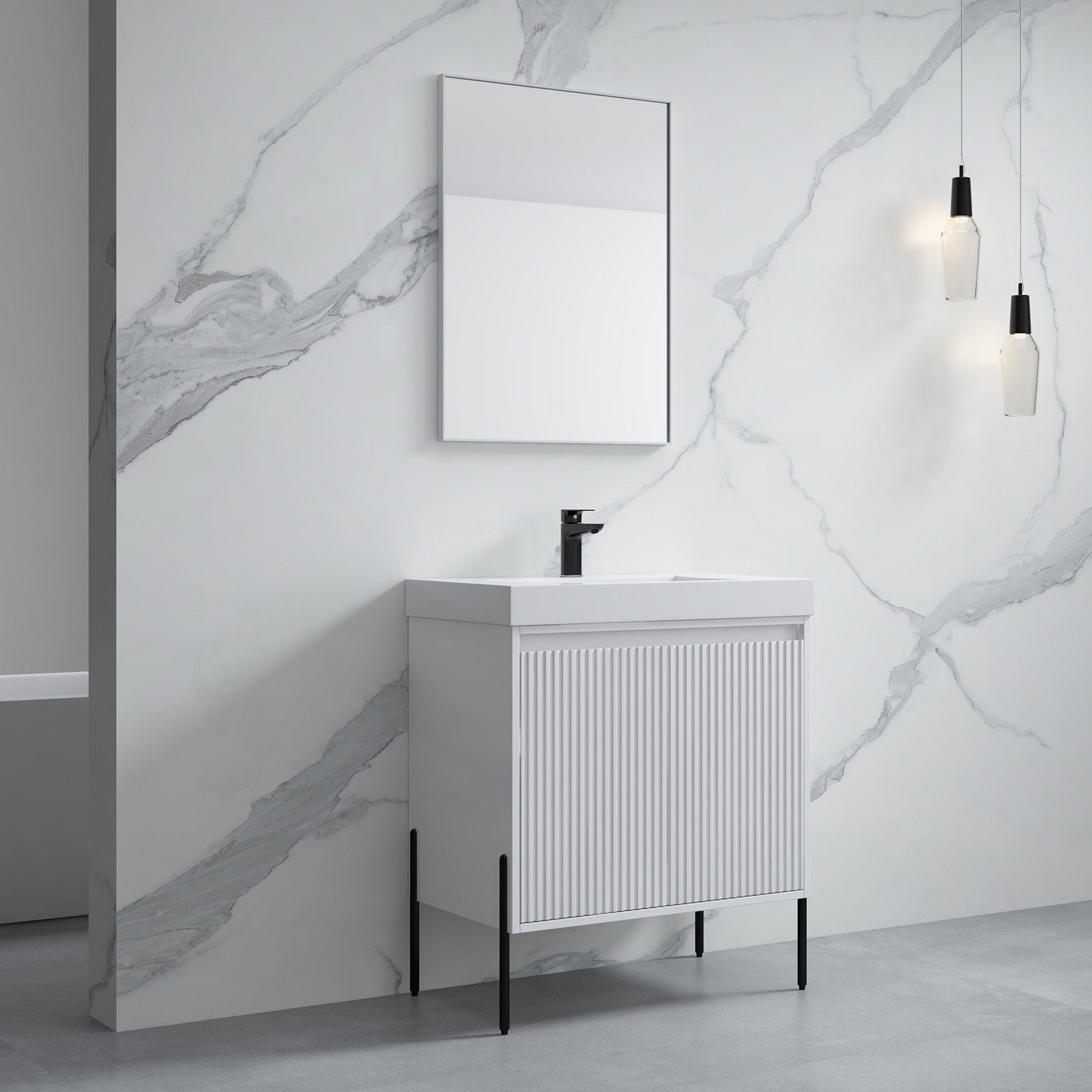 Dowell 30¡°(Fluted Bathroom Vanity Set ¡°(Pre-Assembled Cabinet Base with 2 Soft-Close Doors, Shelves & Ceramic/Resin Single Basin, Black/Golden Legs - 002 30 Series