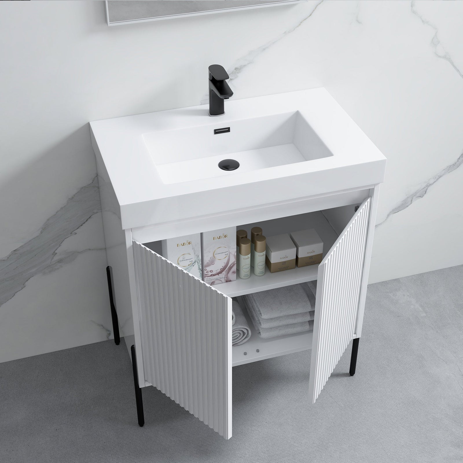 Dowell 30¡°(Fluted Bathroom Vanity Set ¡°(Pre-Assembled Cabinet Base with 2 Soft-Close Doors, Shelves & Ceramic/Resin Single Basin, Black/Golden Legs - 002 30 Series