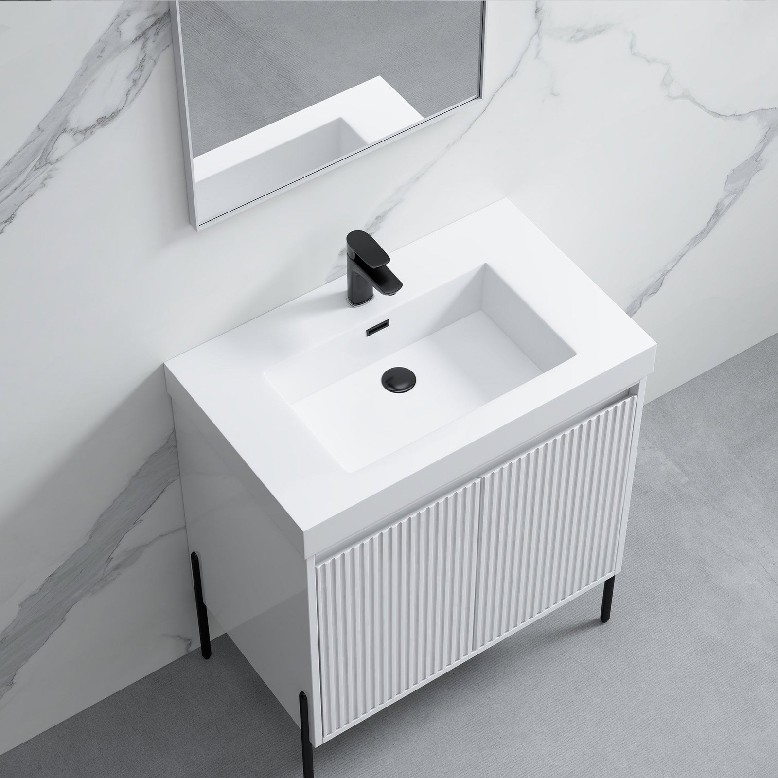Dowell 30¡°(Fluted Bathroom Vanity Set ¡°(Pre-Assembled Cabinet Base with 2 Soft-Close Doors, Shelves & Ceramic/Resin Single Basin, Black/Golden Legs - 002 30 Series