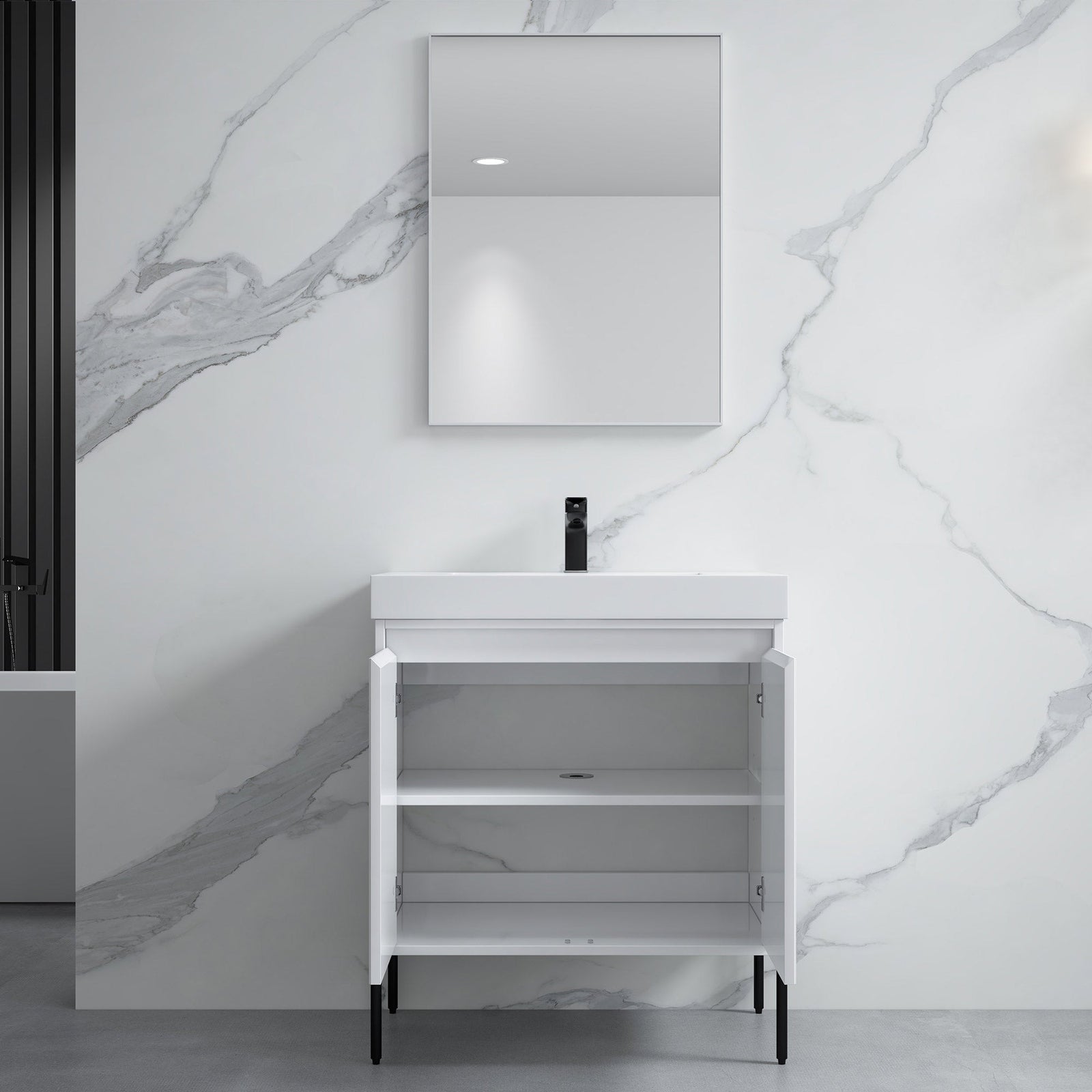 Dowell 30¡°(Fluted Bathroom Vanity Set ¡°(Pre-Assembled Cabinet Base with 2 Soft-Close Doors, Shelves & Ceramic/Resin Single Basin, Black/Golden Legs - 002 30 Series