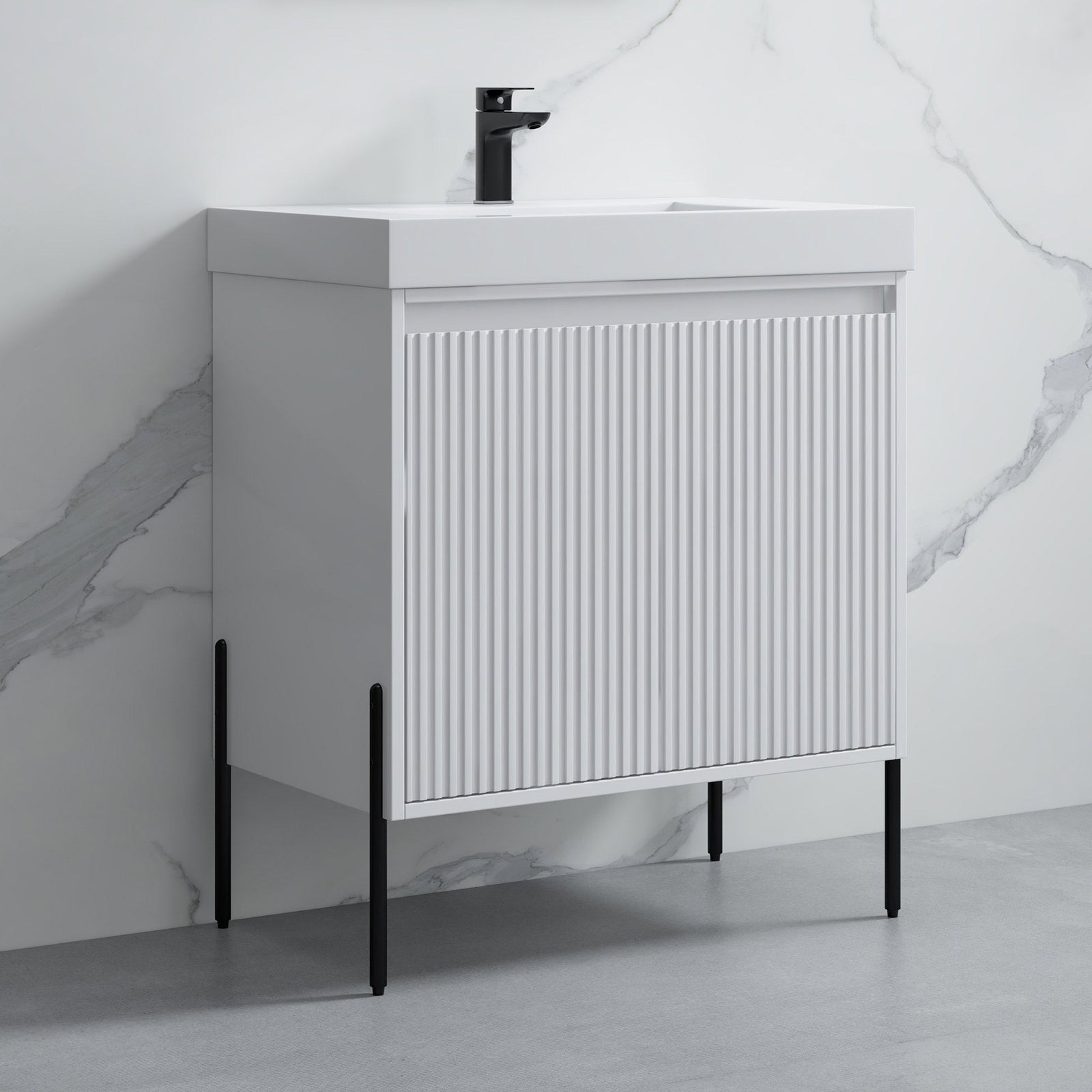 Dowell 30¡°(Fluted Bathroom Vanity Set ¡°(Pre-Assembled Cabinet Base with 2 Soft-Close Doors, Shelves & Ceramic/Resin Single Basin, Black/Golden Legs - 002 30 Series