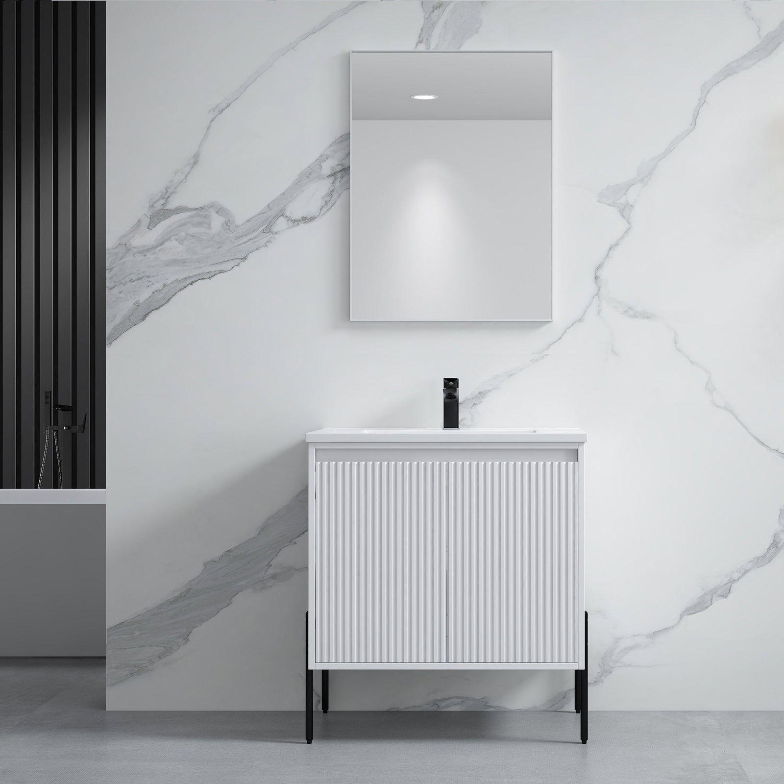 Dowell 30¡°(Fluted Bathroom Vanity Set ¡°(Pre-Assembled Cabinet Base with 2 Soft-Close Doors, Shelves & Ceramic/Resin Single Basin, Black/Golden Legs - 002 30 Series
