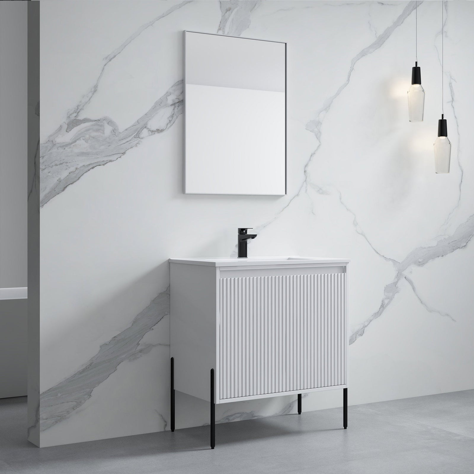 Dowell 30¡°(Fluted Bathroom Vanity Set ¡°(Pre-Assembled Cabinet Base with 2 Soft-Close Doors, Shelves & Ceramic/Resin Single Basin, Black/Golden Legs - 002 30 Series