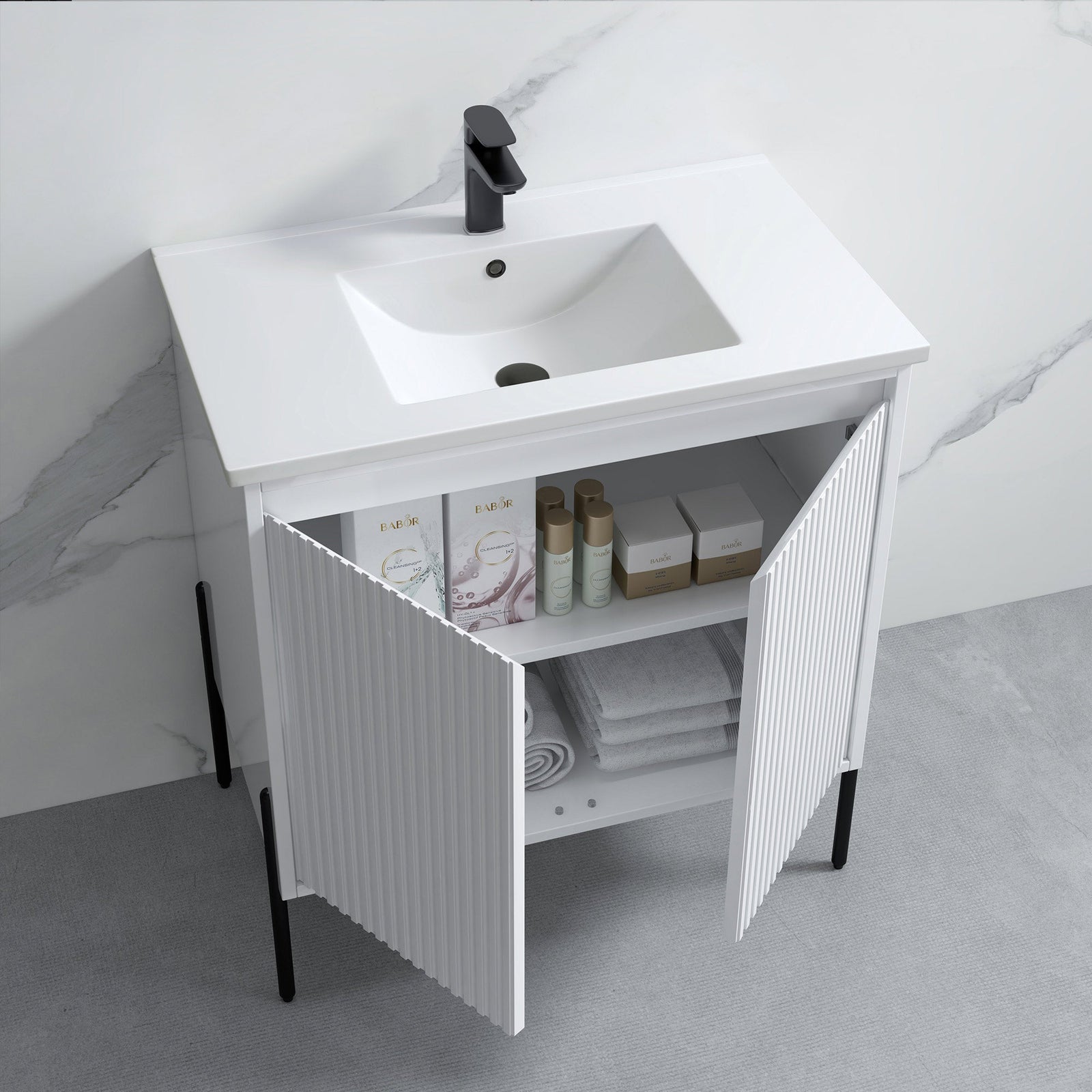 Dowell 30¡°(Fluted Bathroom Vanity Set ¡°(Pre-Assembled Cabinet Base with 2 Soft-Close Doors, Shelves & Ceramic/Resin Single Basin, Black/Golden Legs - 002 30 Series