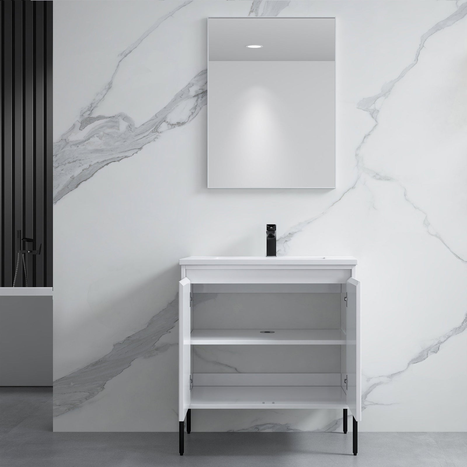 Dowell 30¡°(Fluted Bathroom Vanity Set ¡°(Pre-Assembled Cabinet Base with 2 Soft-Close Doors, Shelves & Ceramic/Resin Single Basin, Black/Golden Legs - 002 30 Series