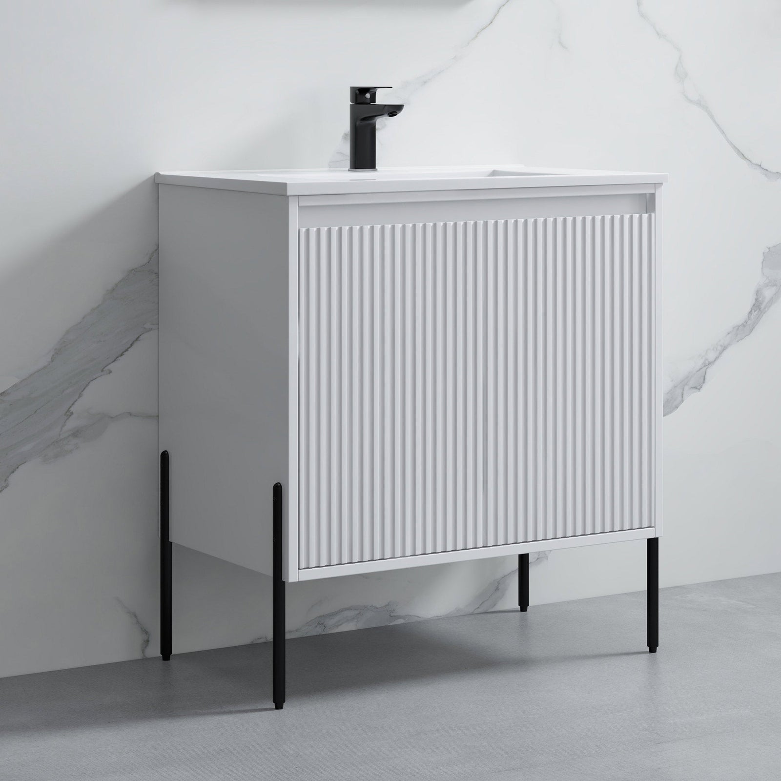 Dowell 30¡°(Fluted Bathroom Vanity Set ¡°(Pre-Assembled Cabinet Base with 2 Soft-Close Doors, Shelves & Ceramic/Resin Single Basin, Black/Golden Legs - 002 30 Series
