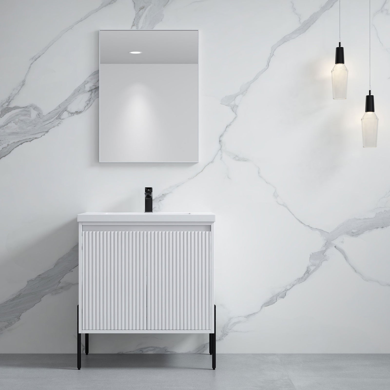 Dowell 30¡°(Fluted Bathroom Vanity Set ¡°(Pre-Assembled Cabinet Base with 2 Soft-Close Doors, Shelves & Ceramic/Resin Single Basin, Black/Golden Legs - 002 30 Series