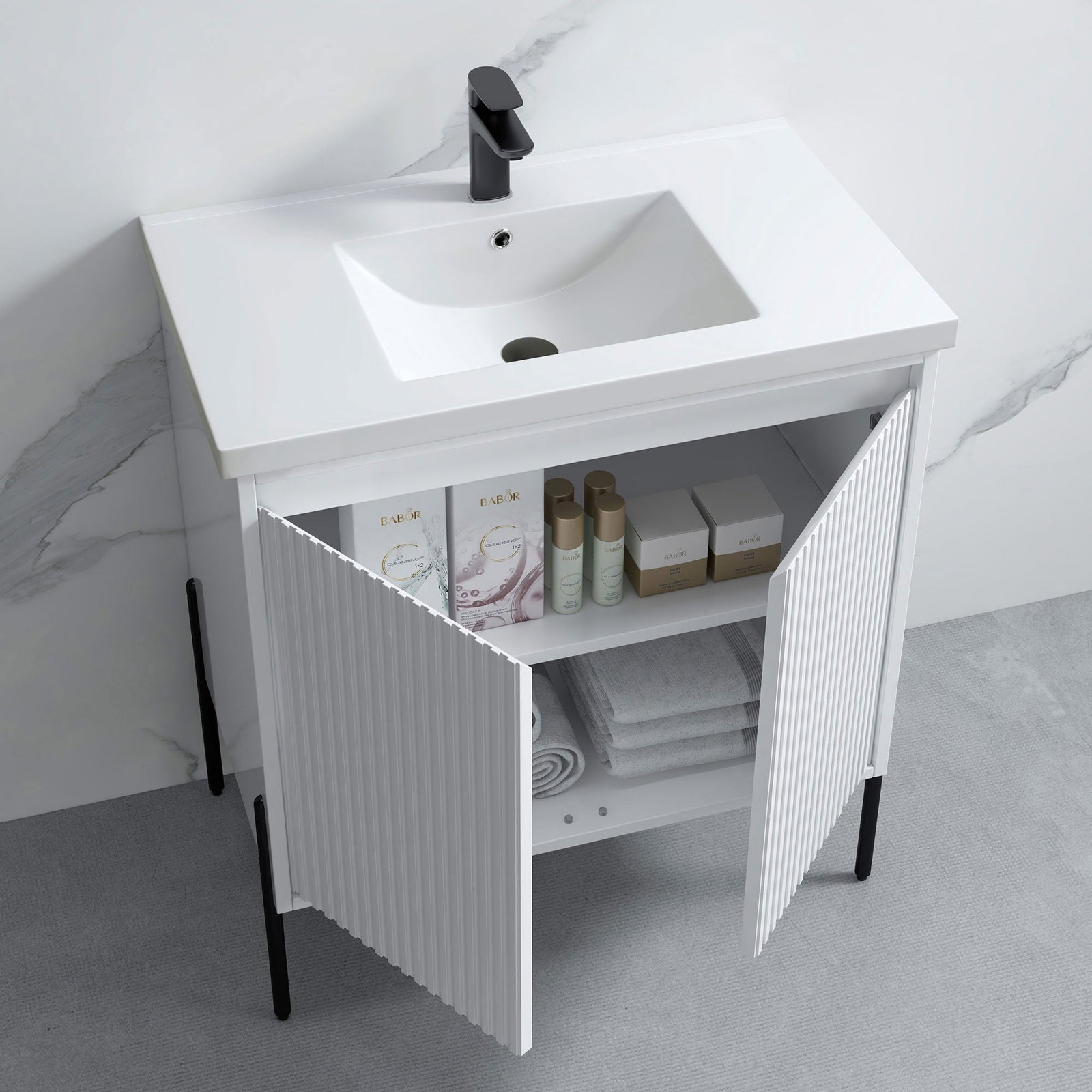 Dowell 30¡°(Fluted Bathroom Vanity Set ¡°(Pre-Assembled Cabinet Base with 2 Soft-Close Doors, Shelves & Ceramic/Resin Single Basin, Black/Golden Legs - 002 30 Series