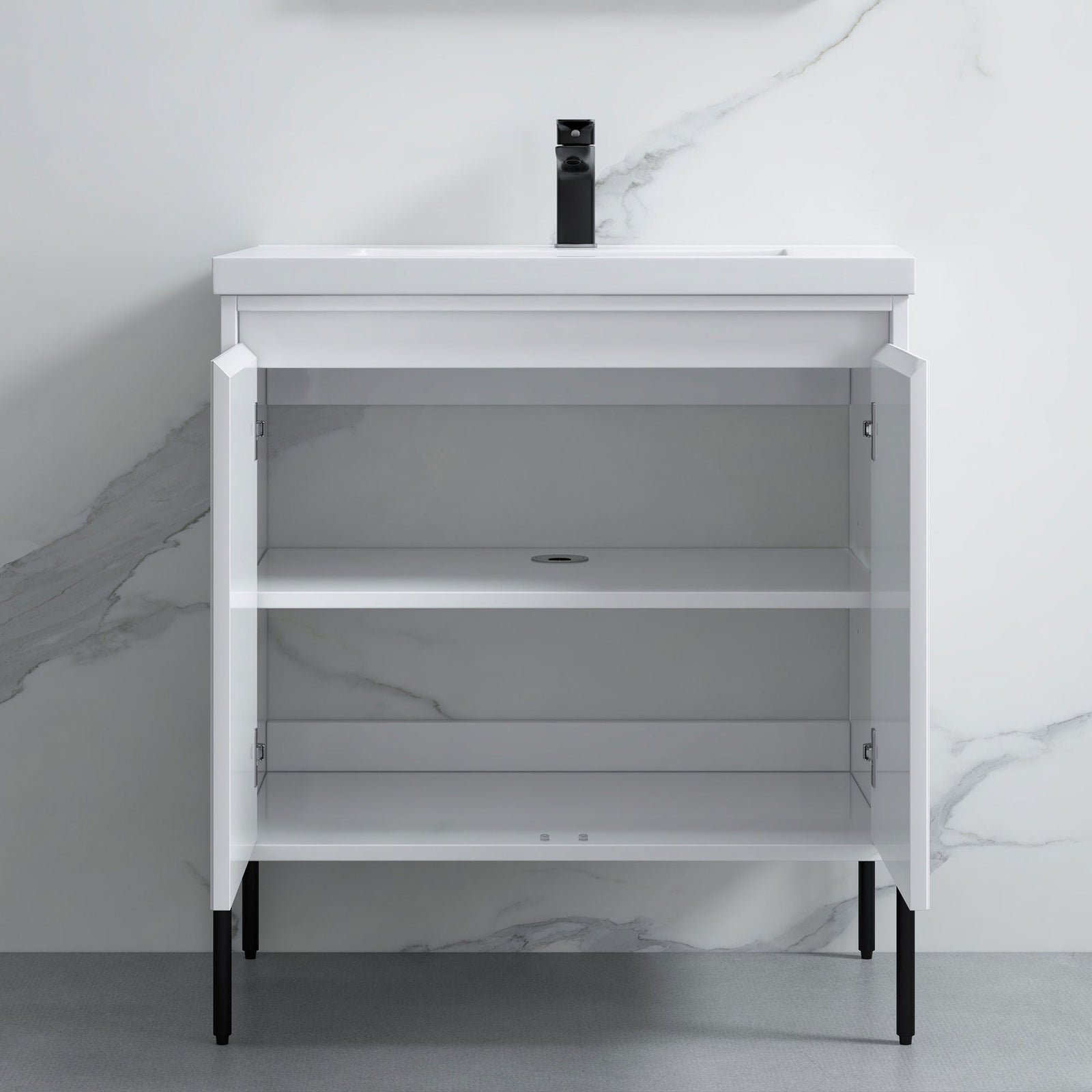 Dowell 30¡°(Fluted Bathroom Vanity Set ¡°(Pre-Assembled Cabinet Base with 2 Soft-Close Doors, Shelves & Ceramic/Resin Single Basin, Black/Golden Legs - 002 30 Series