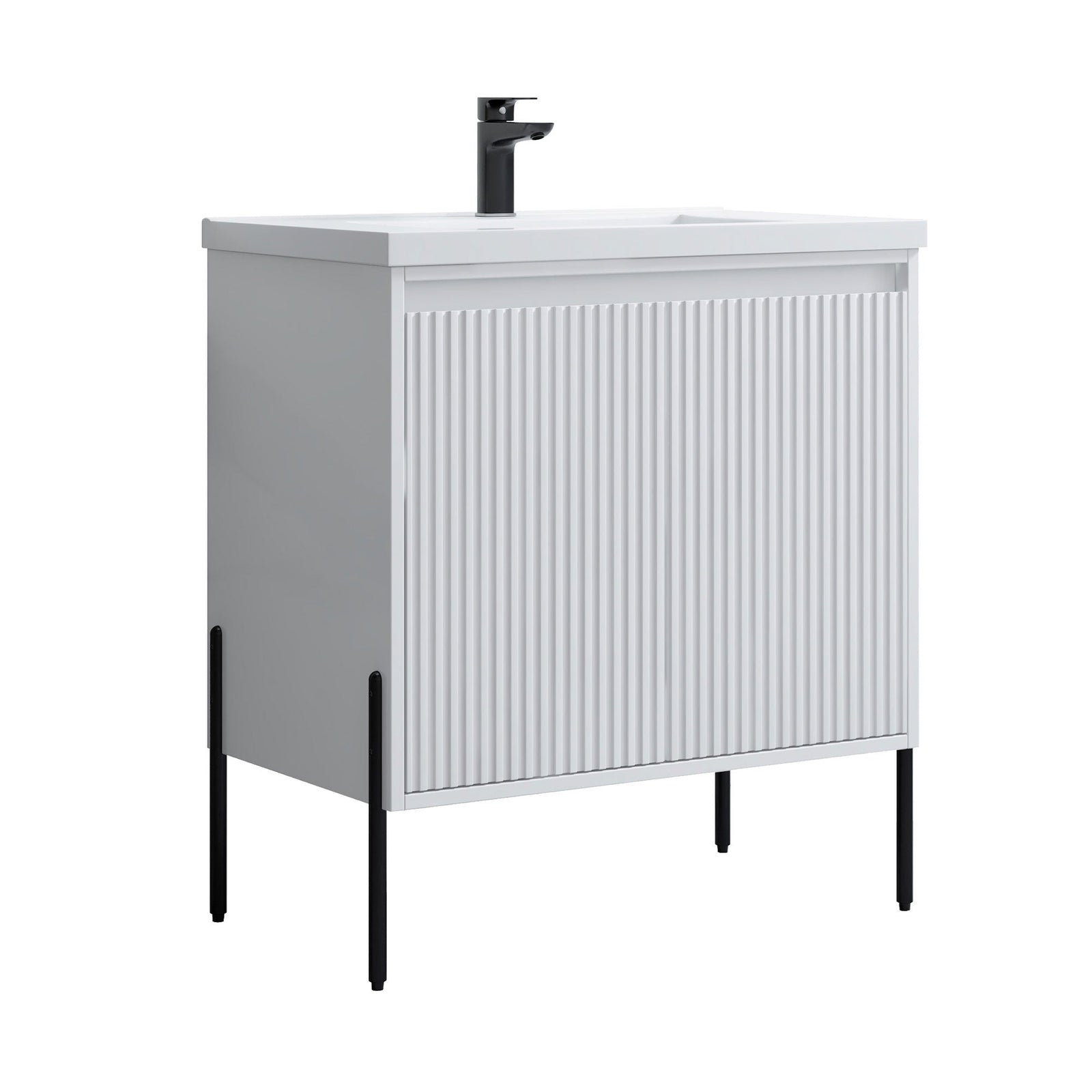 Dowell 30¡°(Fluted Bathroom Vanity Set ¡°(Pre-Assembled Cabinet Base with 2 Soft-Close Doors, Shelves & Ceramic/Resin Single Basin, Black/Golden Legs - 002 30 Series
