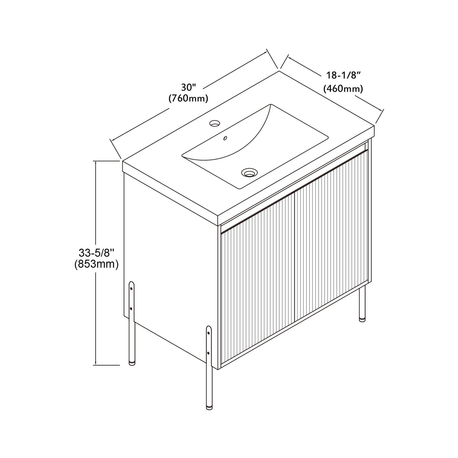 Dowell 30¡°(Fluted Bathroom Vanity Set ¡°(Pre-Assembled Cabinet Base with 2 Soft-Close Doors, Shelves & Ceramic/Resin Single Basin, Black/Golden Legs - 002 30 Series