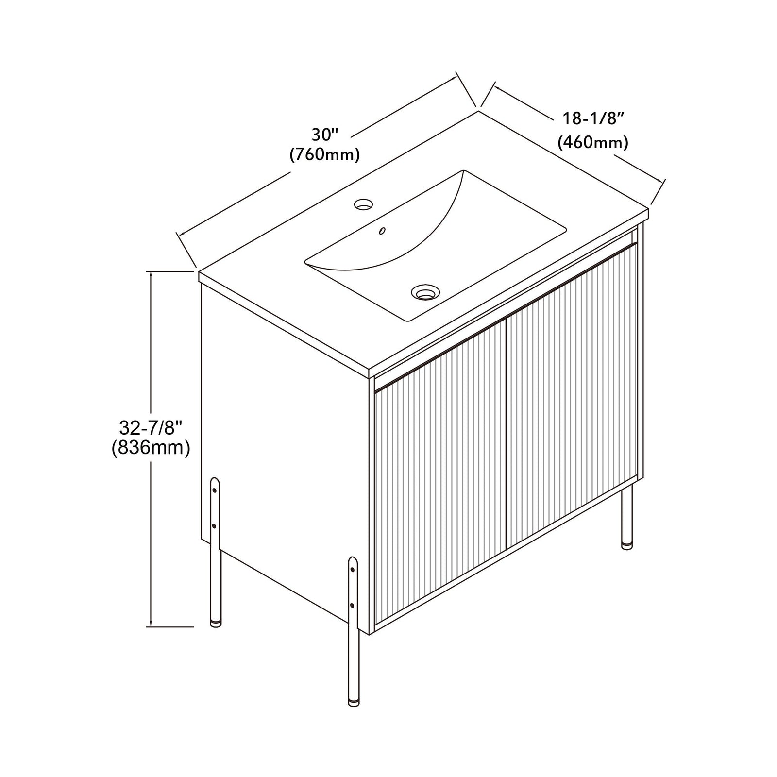 Dowell 30¡°(Fluted Bathroom Vanity Set ¡°(Pre-Assembled Cabinet Base with 2 Soft-Close Doors, Shelves & Ceramic/Resin Single Basin, Black/Golden Legs - 002 30 Series