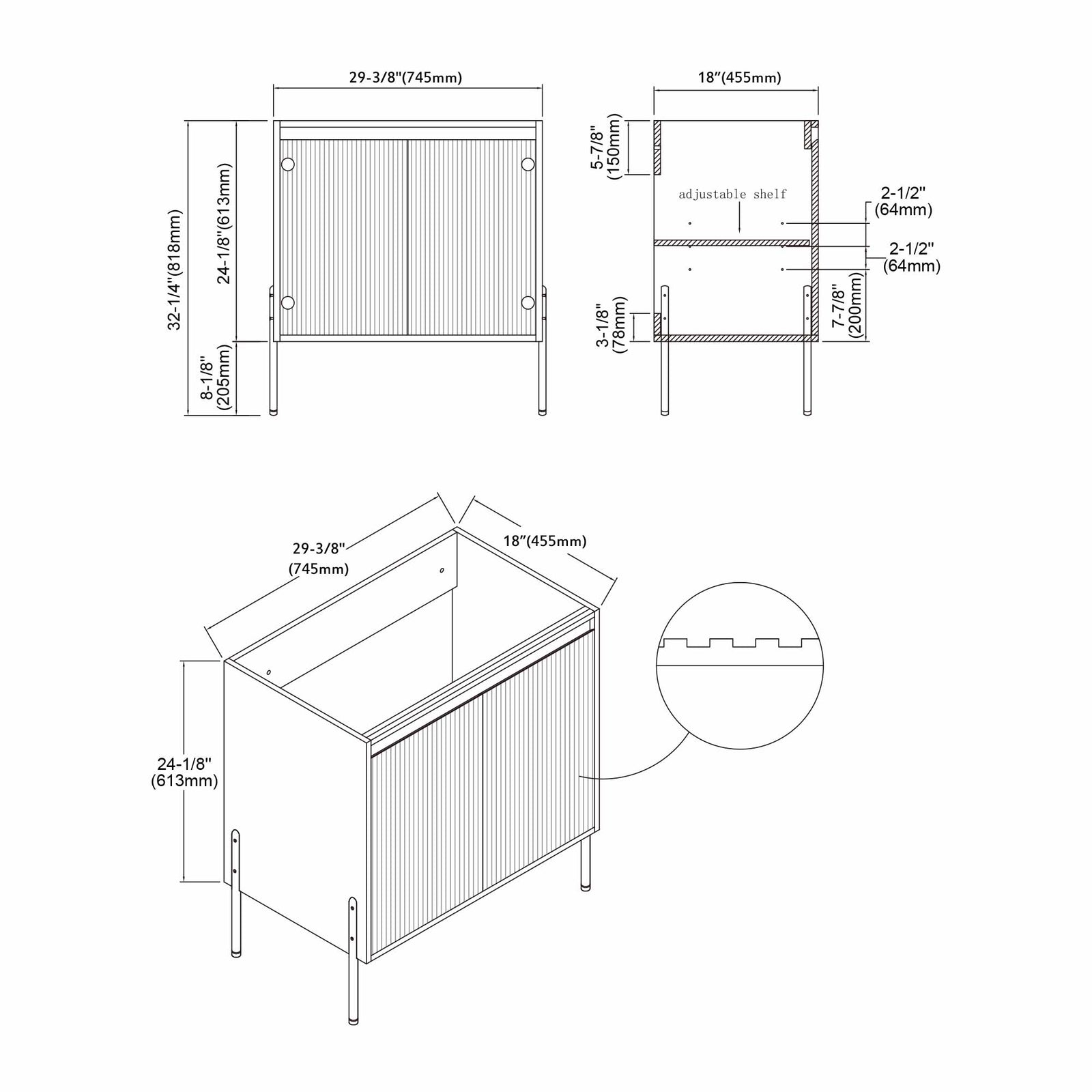 Dowell 30¡°(Fluted Bathroom Vanity Set ¡°(Pre-Assembled Cabinet Base with 2 Soft-Close Doors, Shelves & Ceramic/Resin Single Basin, Black/Golden Legs - 002 30 Series