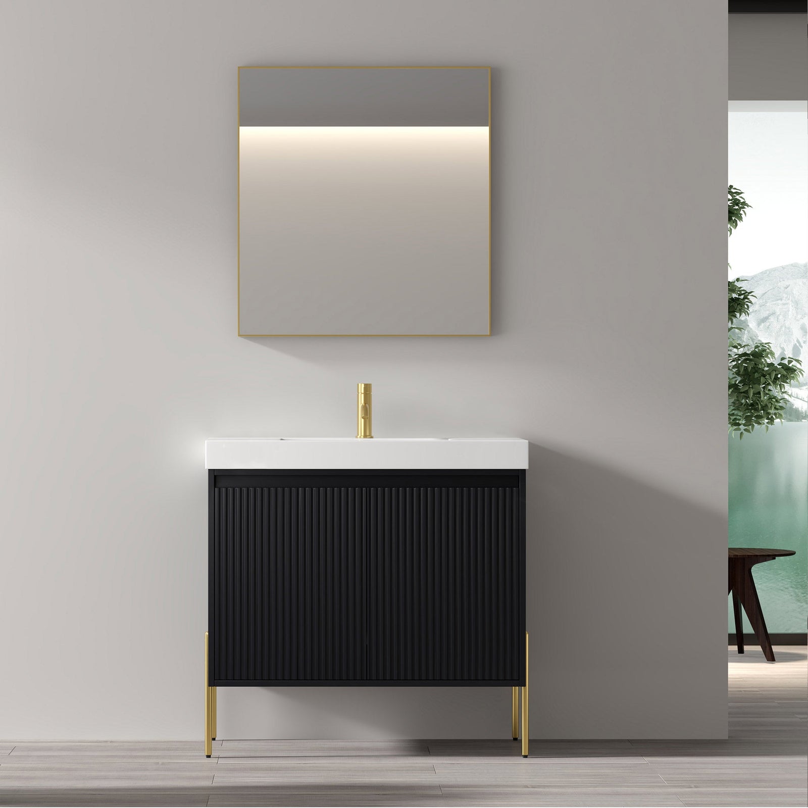 Dowell 36¡°(Fluted Bathroom Vanity Set ¡°(Assembled Cabinet Base with 2 Soft-Close Doors, Shelves & Ceramic/Resin Single Basin, Black/Golden Legs- 002 36 Series
