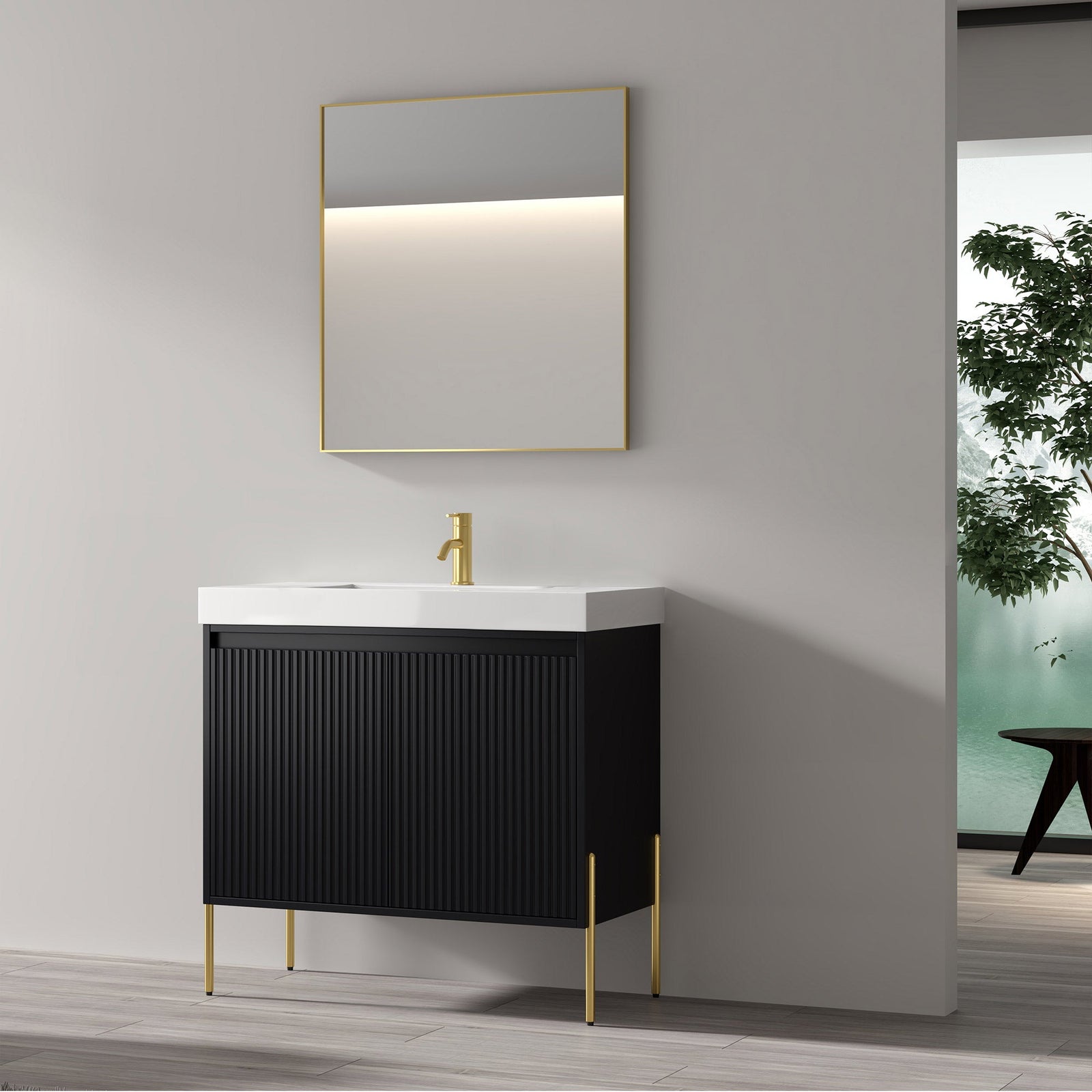Dowell 36¡°(Fluted Bathroom Vanity Set ¡°(Assembled Cabinet Base with 2 Soft-Close Doors, Shelves & Ceramic/Resin Single Basin, Black/Golden Legs- 002 36 Series